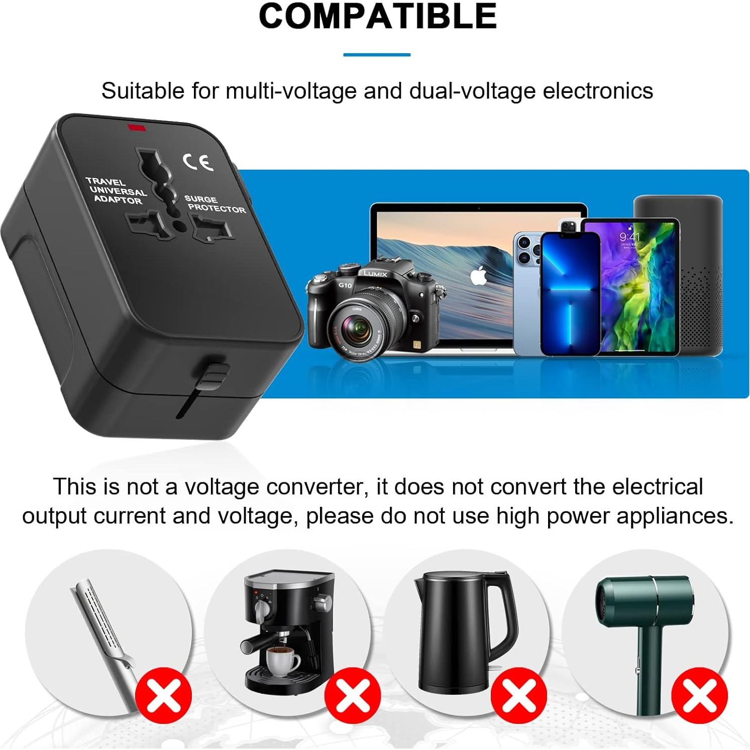 Universal Travel Adapter with USB C, HITRENDS Worldwide All in One International Power Adapter, Travel Converter and Adapter for USA, EU, UK, AUS, Thailand (Type A/C/G/I)