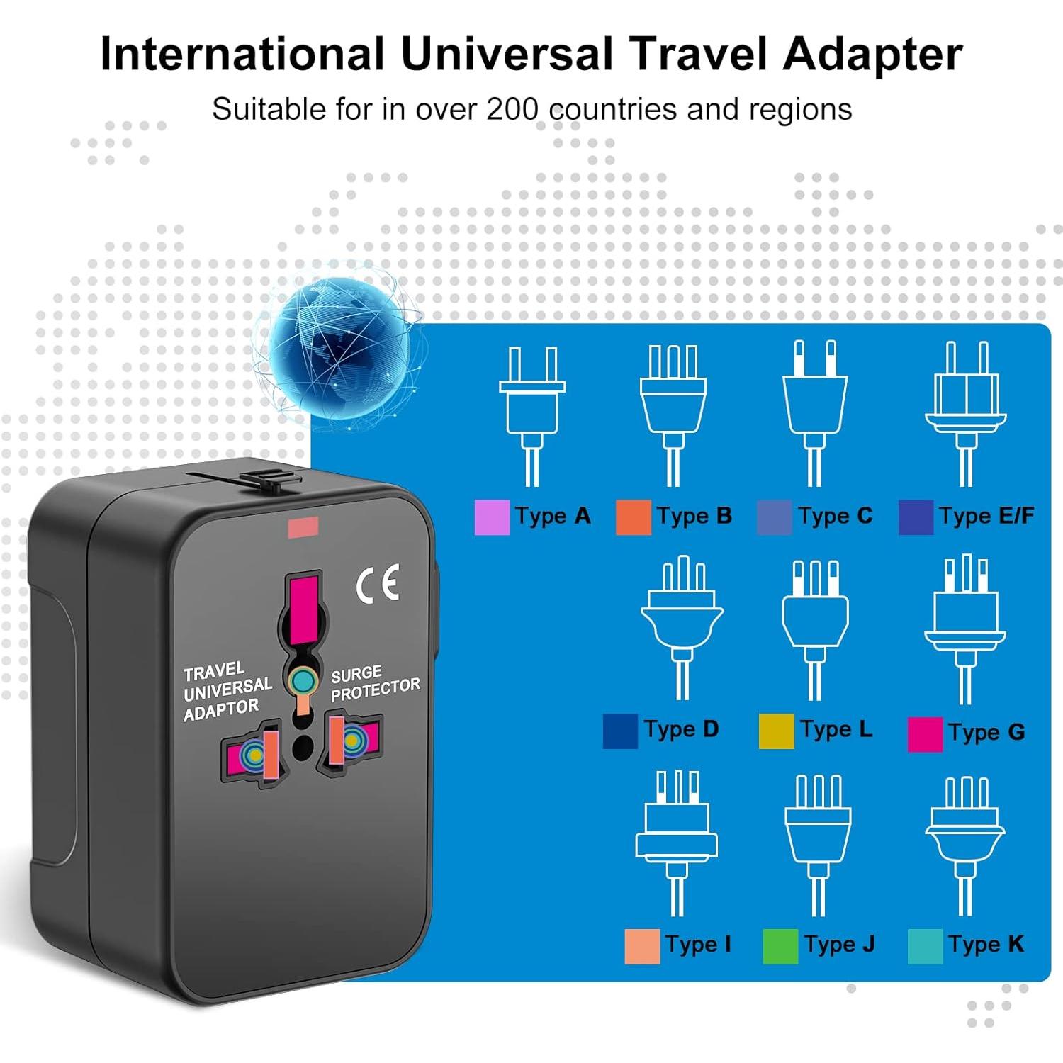 Universal Travel Adapter with USB C, HITRENDS Worldwide All in One International Power Adapter, Travel Converter and Adapter for USA, EU, UK, AUS, Thailand (Type A/C/G/I)