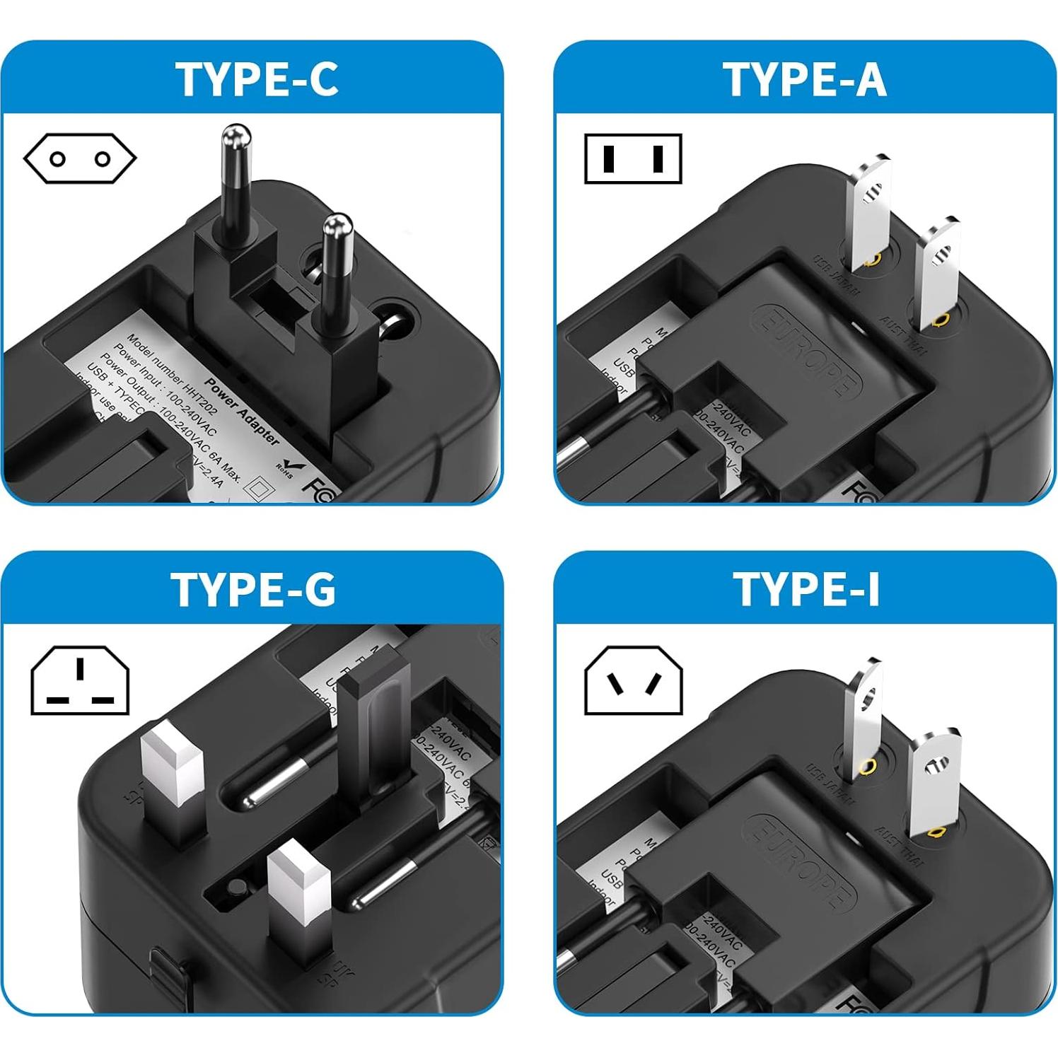 Universal Travel Adapter with USB C, HITRENDS Worldwide All in One International Power Adapter, Travel Converter and Adapter for USA, EU, UK, AUS, Thailand (Type A/C/G/I)