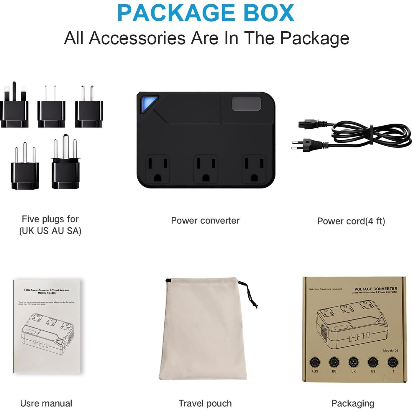 Convertidor de Viaje Universal 250W DONGGUAN con 2 USB y 2 USB-C