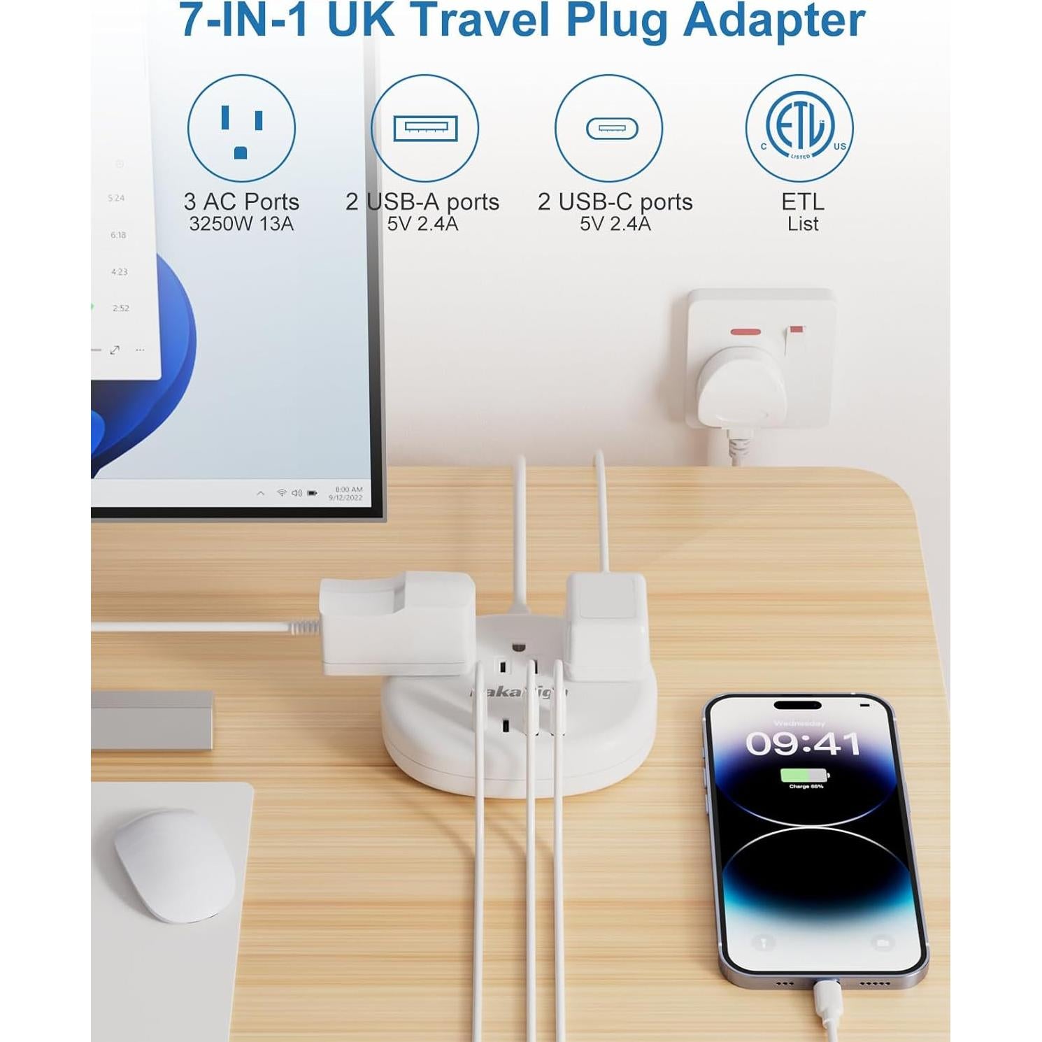 Adaptador de Enchufe de Viaje KAKAHIGH Reino Unido 7 en 1 USB