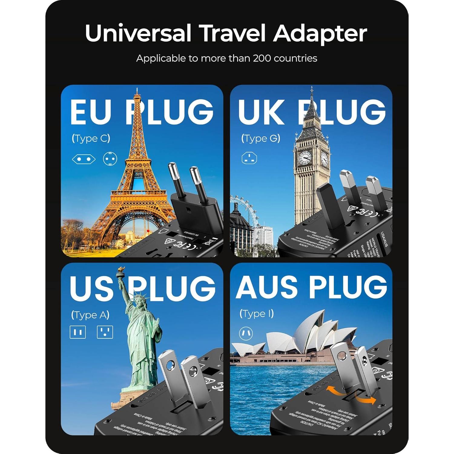 Adaptador de corriente universal LENCENT 5 en 1 con 4 enchufes y 4 puertos USB