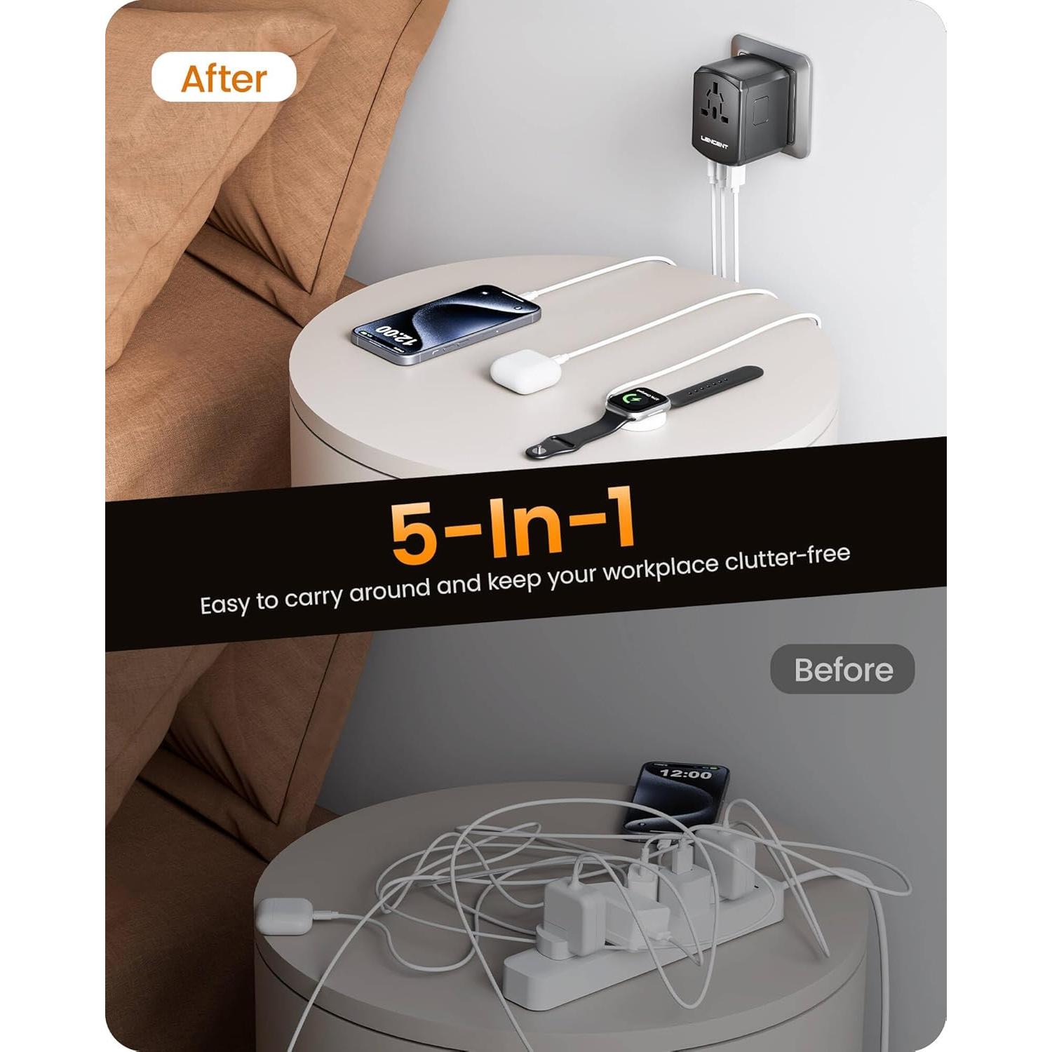 Adaptador de corriente universal LENCENT 5 en 1 con 4 enchufes y 4 puertos USB