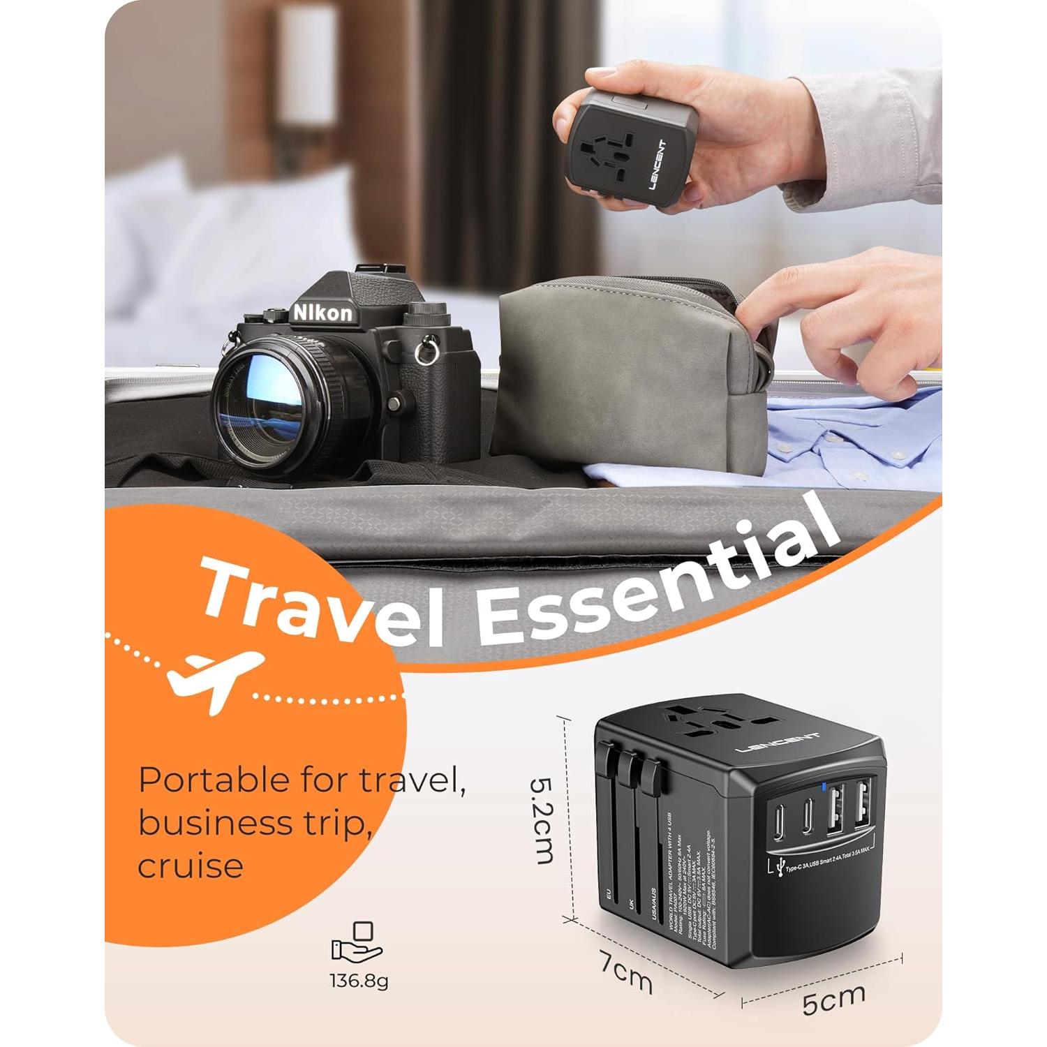 Adaptador de corriente universal LENCENT 5 en 1 con 4 enchufes y 4 puertos USB