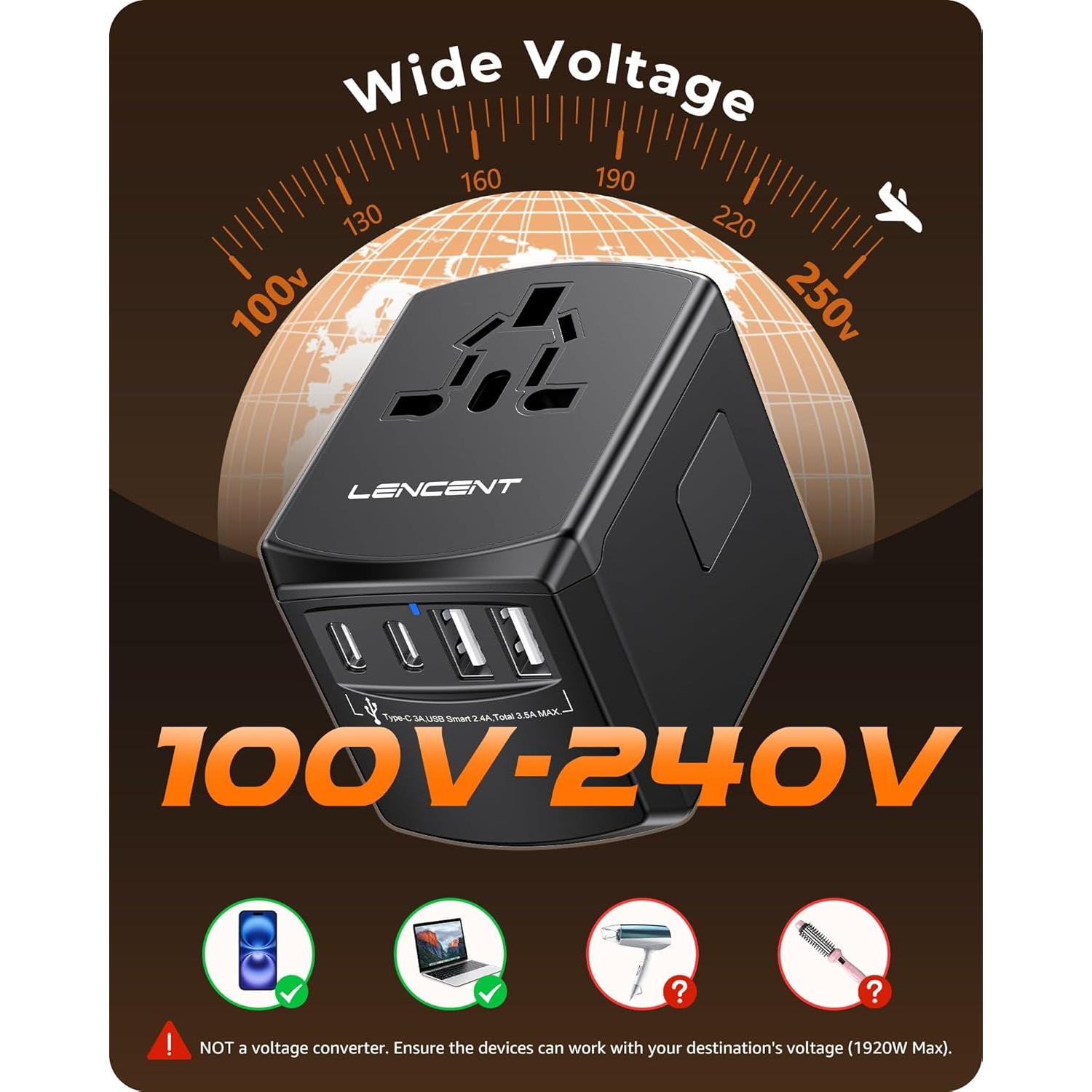 Adaptador de corriente universal LENCENT 5 en 1 con 4 enchufes y 4 puertos USB