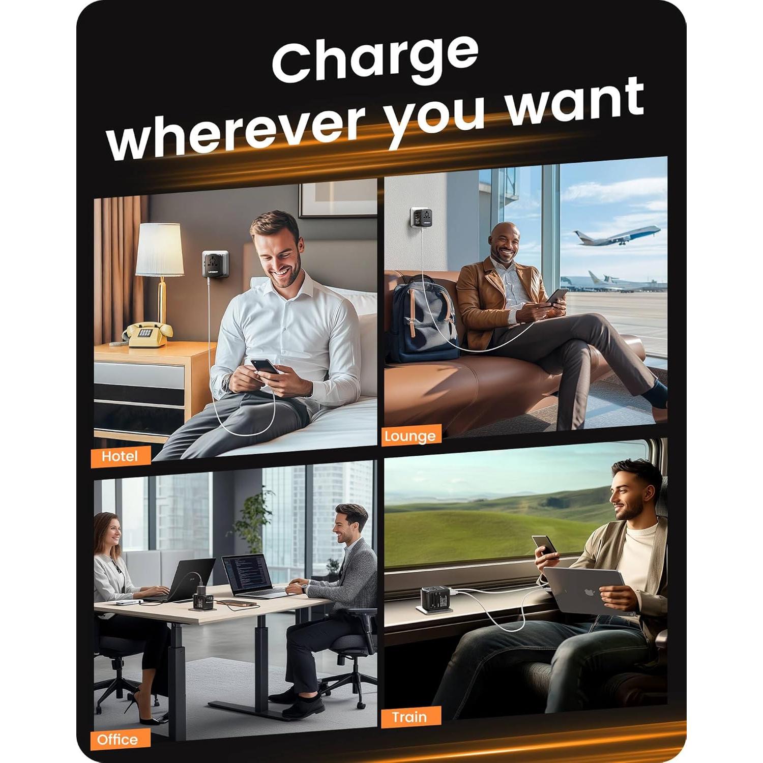 Adaptador de corriente universal LENCENT 5 en 1 con 4 enchufes y 4 puertos USB