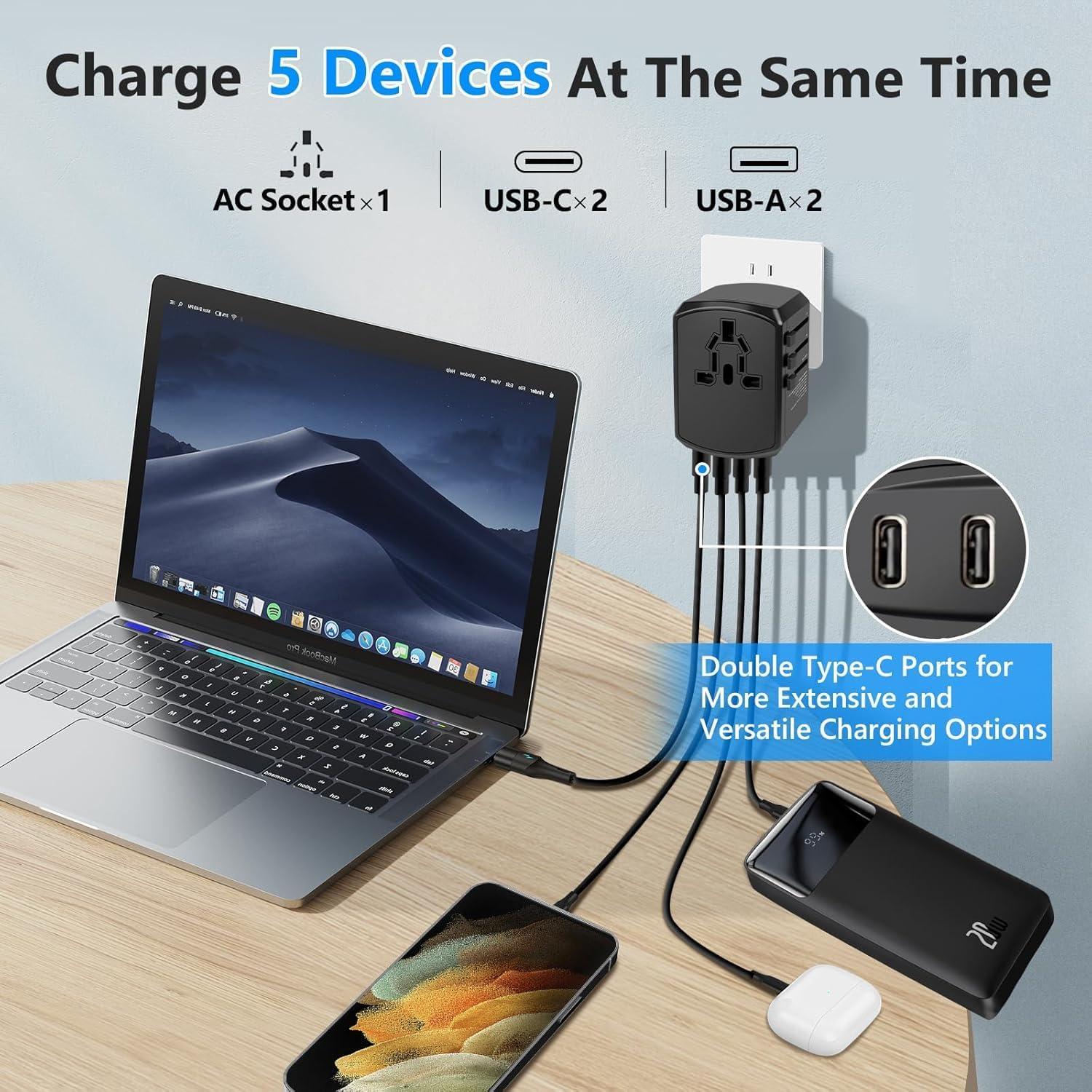 Adaptador de Viaje Universal Mapambo 5 en 1 con 2 USB y 2 USB-C