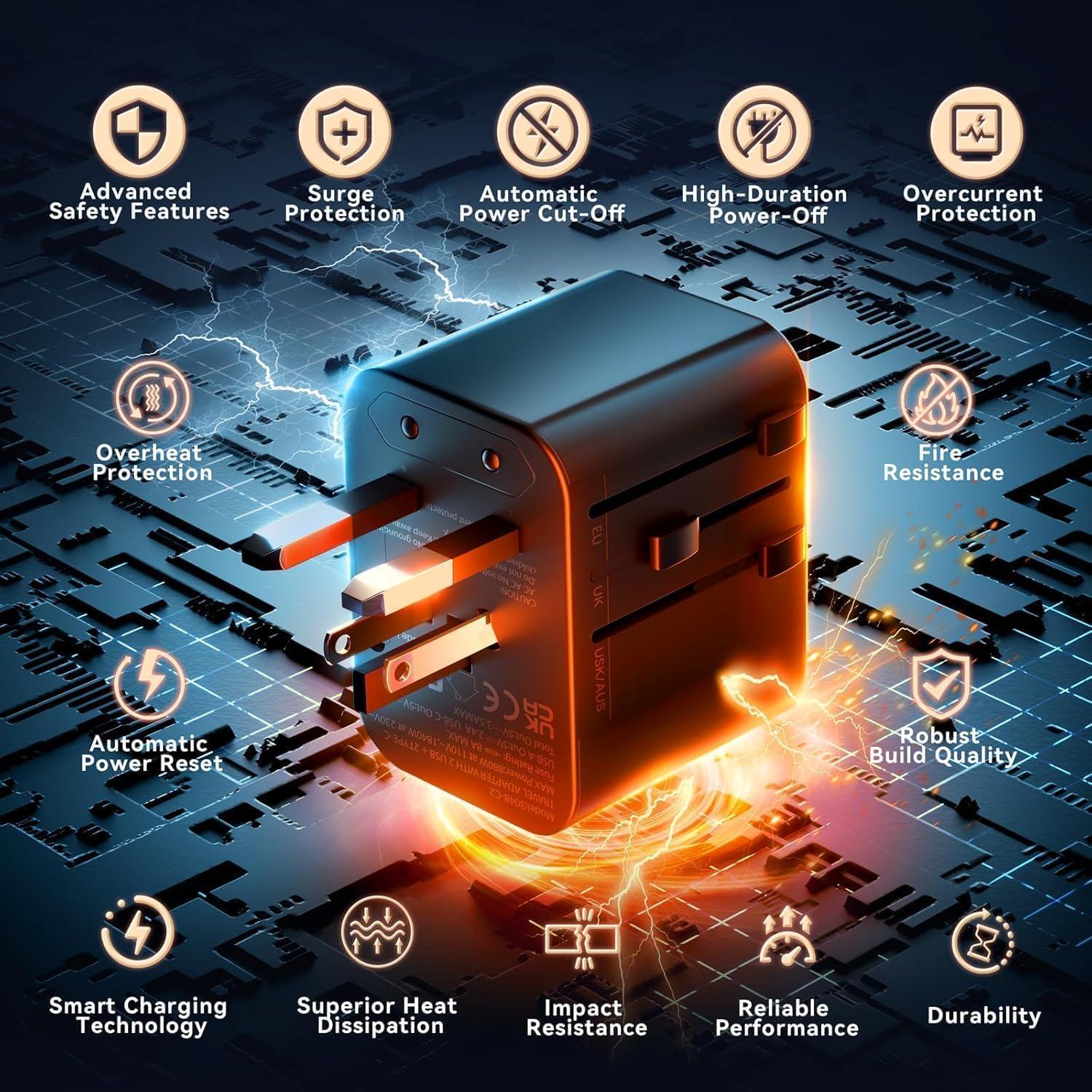 Adaptador de Viaje Universal Mapambo 5 en 1 con 2 USB y 2 USB-C