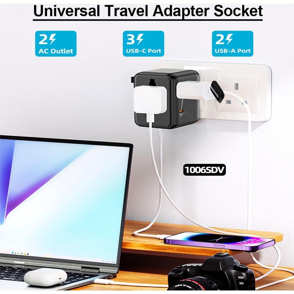 Adaptador de Enchufe Universal 20W con 4 Puertos USB-C/A - Negro