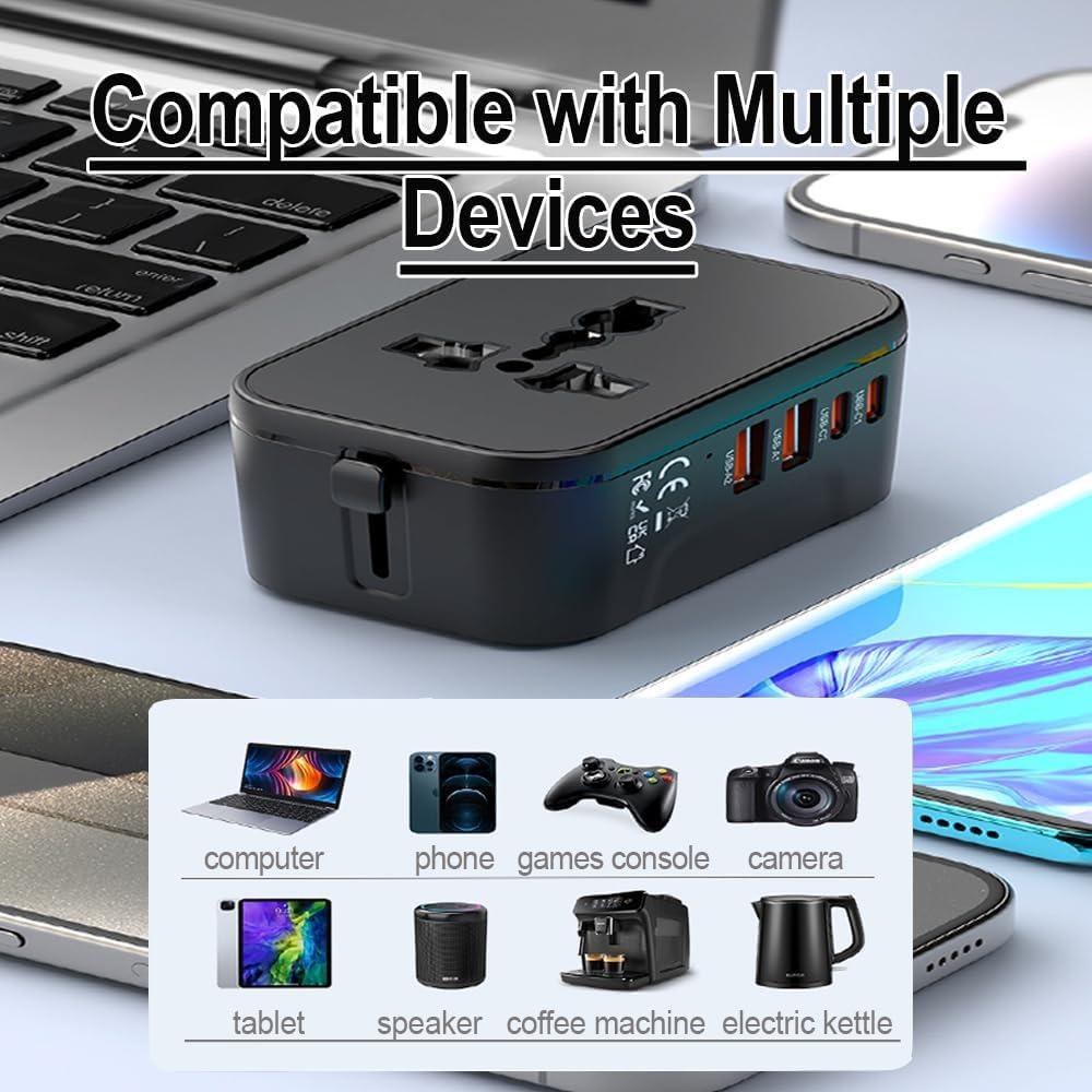 Adaptador de Enchufe Universal 20W con 4 Puertos USB-C/A - Negro