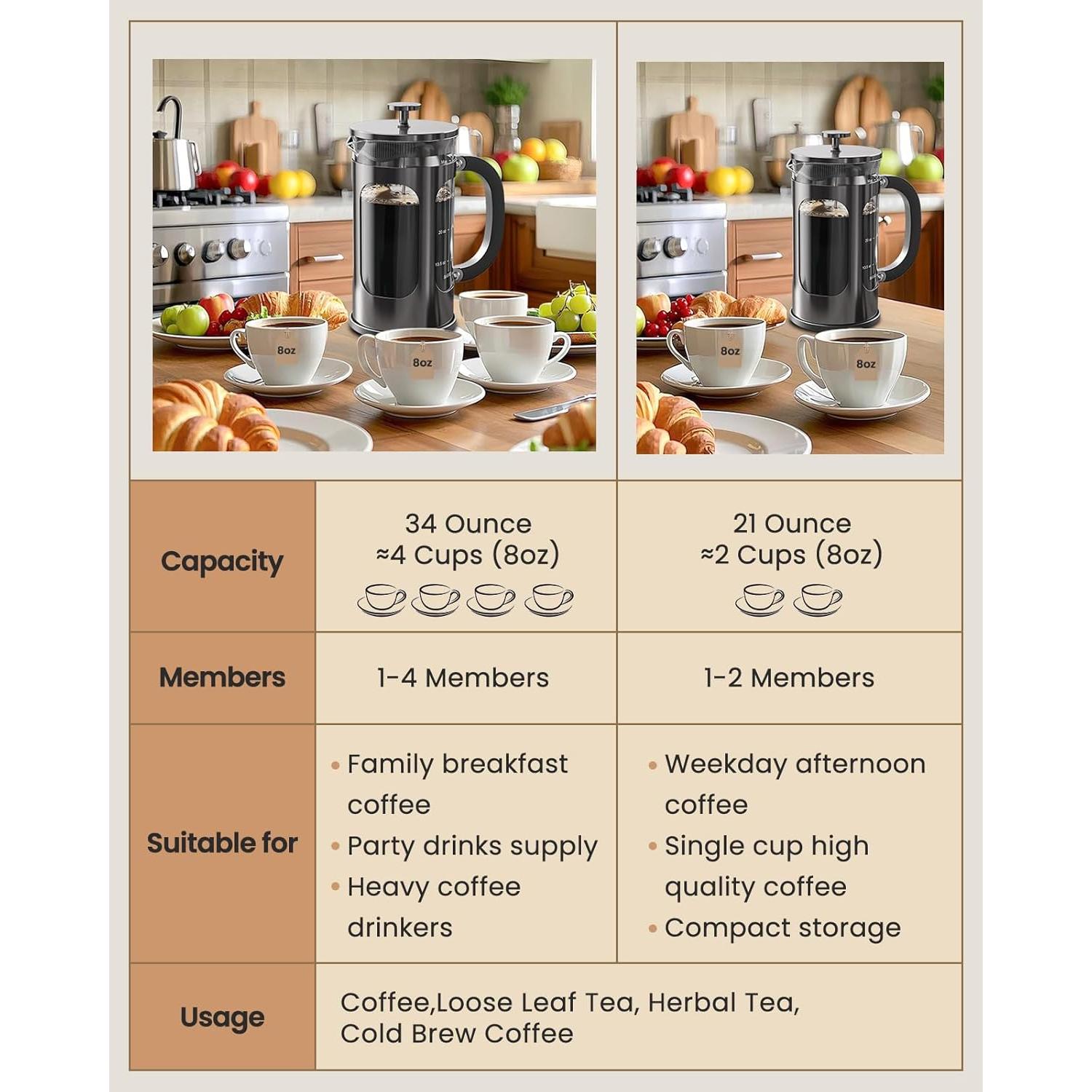 Cafetera Prensa Francesa BAYKA 1 Litro Vidrio Borosilicato