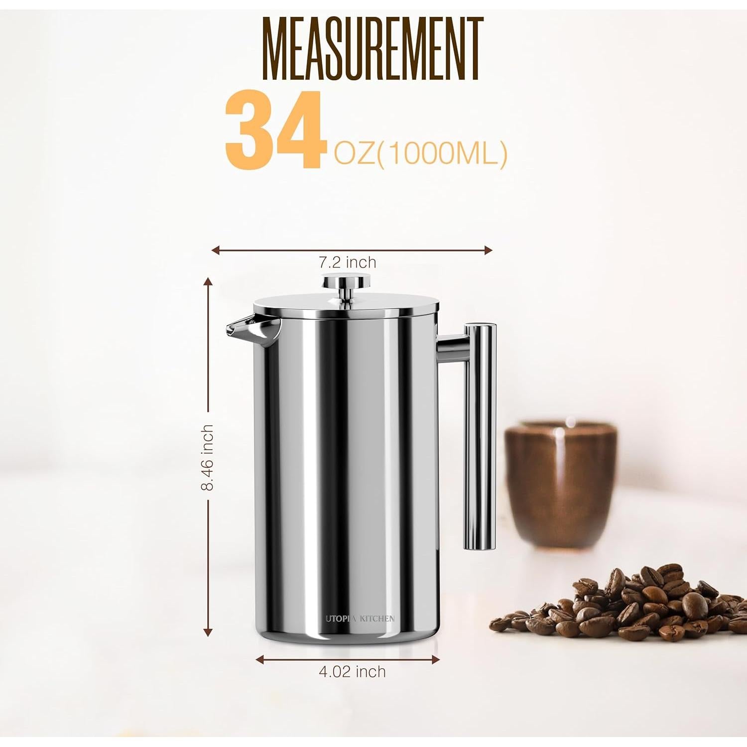 Prensa Francesa Utopia Kitchen 1L Acero Inoxidable con 2 Filtros