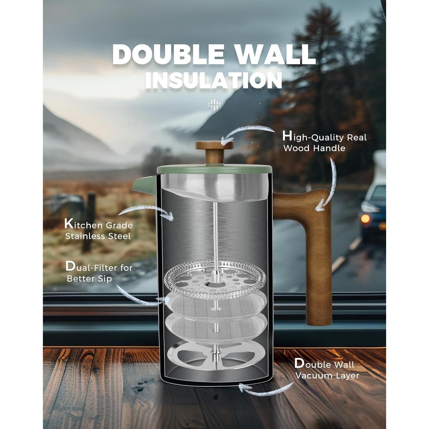 Cafetera Prensa Francesa POLIVIAR 1006 ml Acero Inoxidable Verde