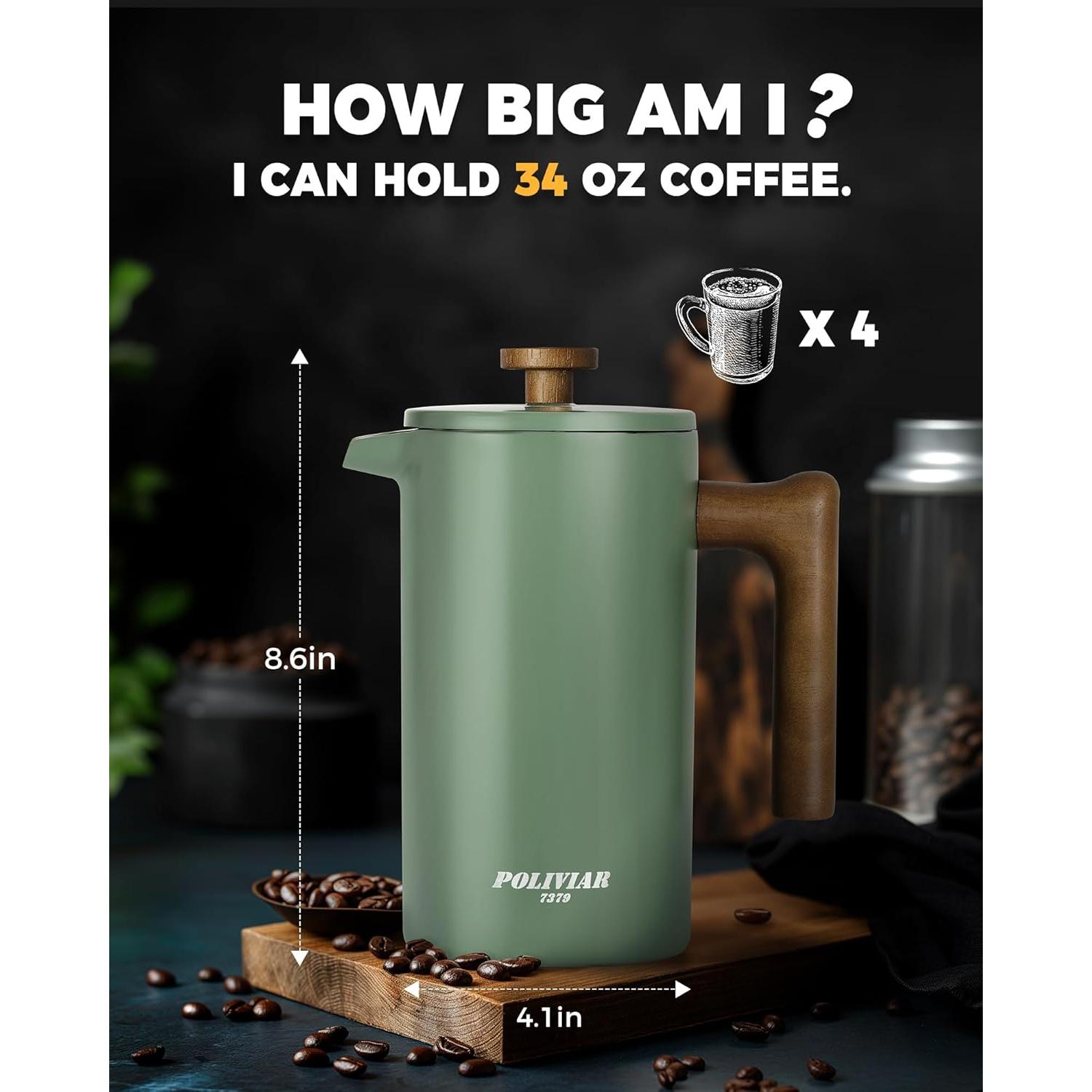 Cafetera Prensa Francesa POLIVIAR 1006 ml Acero Inoxidable Verde