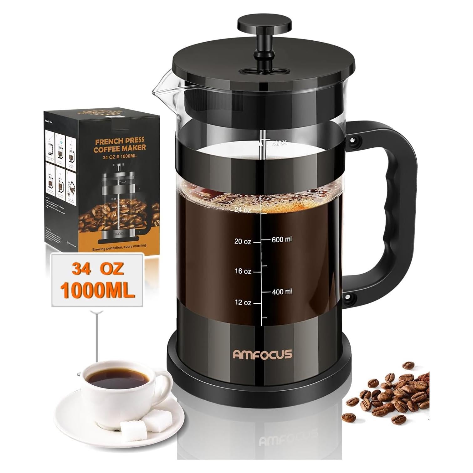 Cafetera Prensa Francesa AMFOCUS 34oz Vidrio Borosilicato