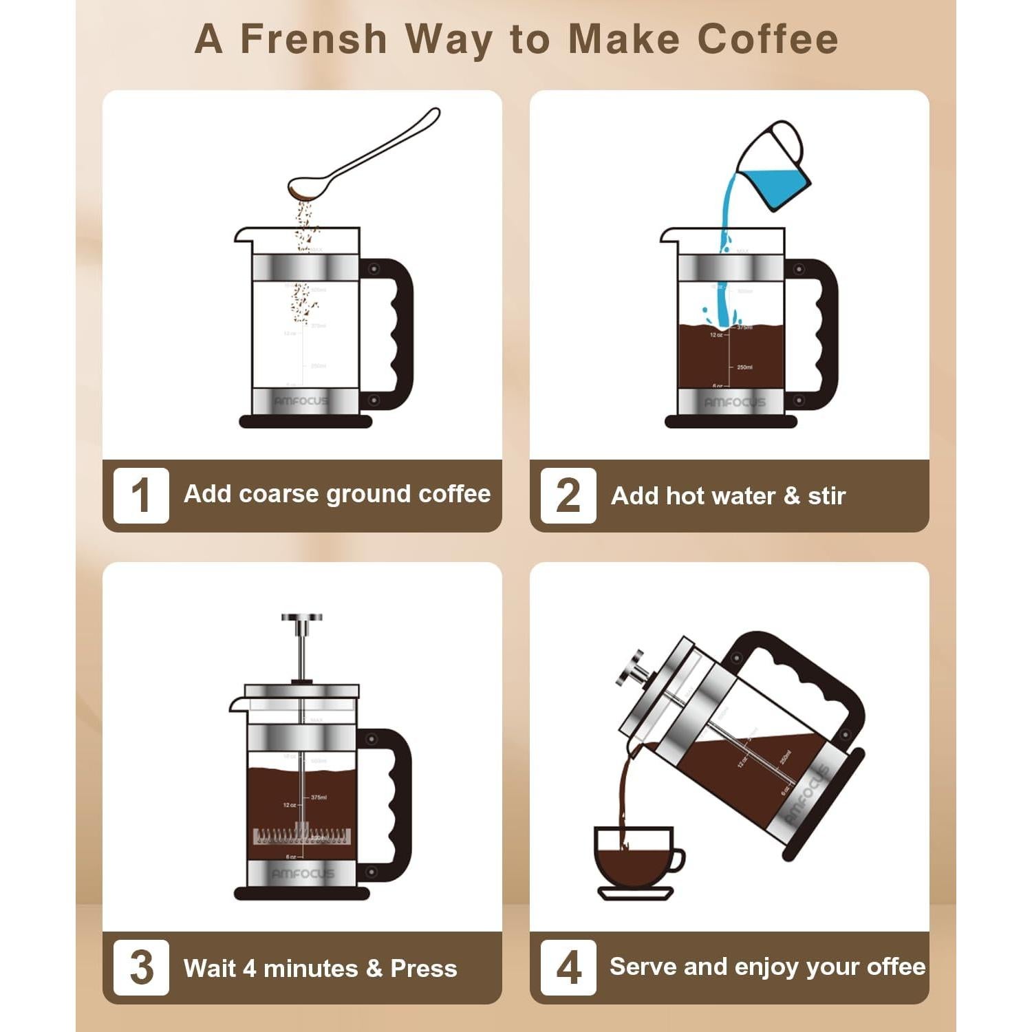 Cafetera Prensa Francesa AMFOCUS 34oz Vidrio Borosilicato