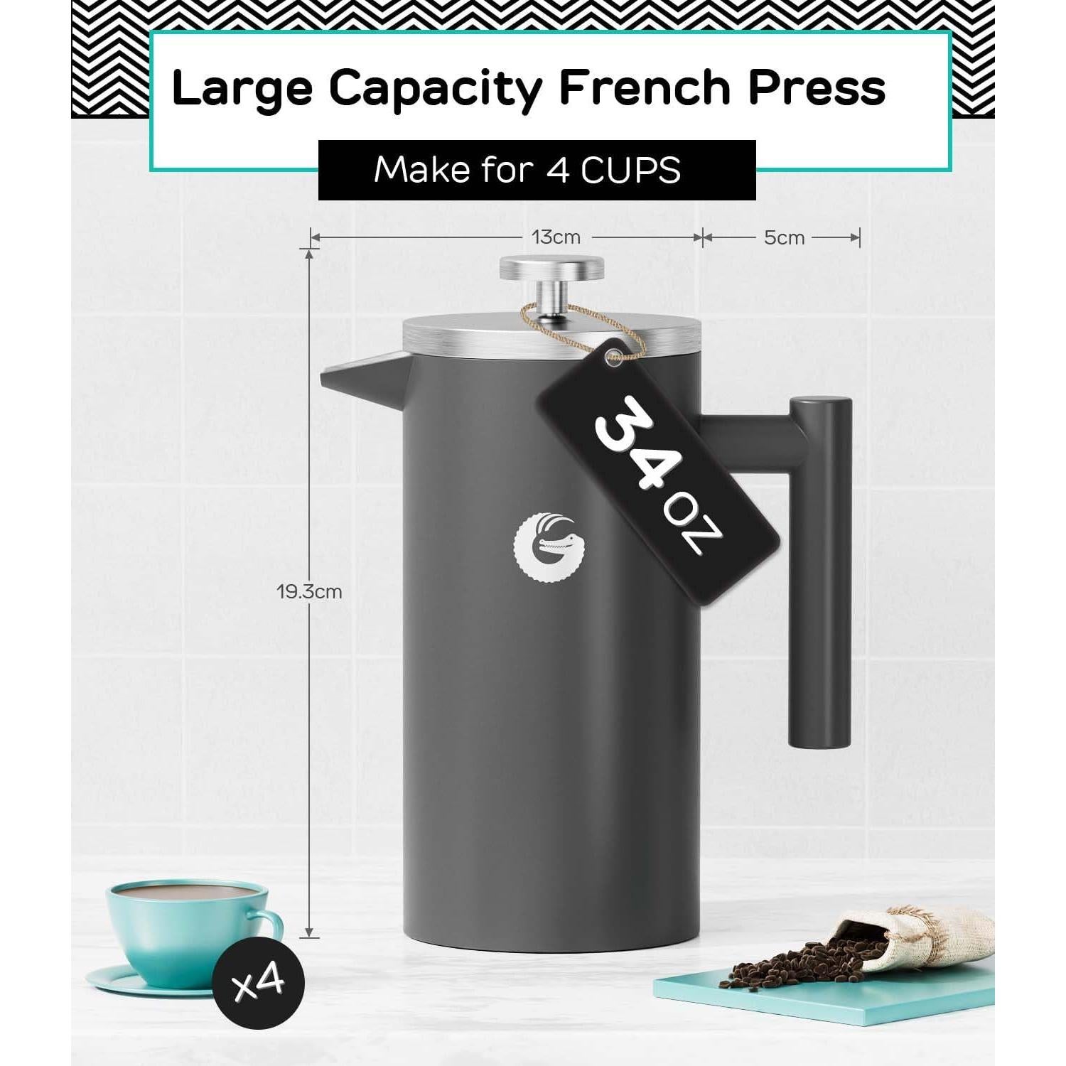 Cafetera Prensa Francesa Coffee Gator 1L Acero Inoxidable Gris