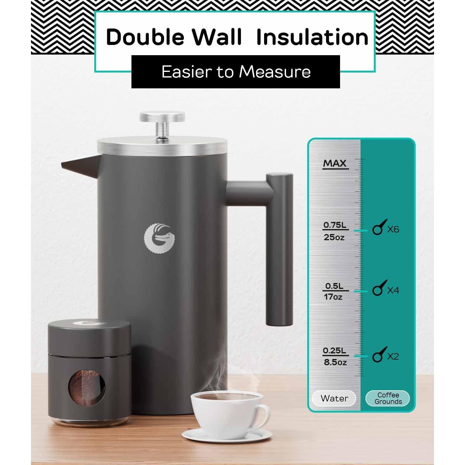 Cafetera Prensa Francesa Coffee Gator 1L Acero Inoxidable Gris