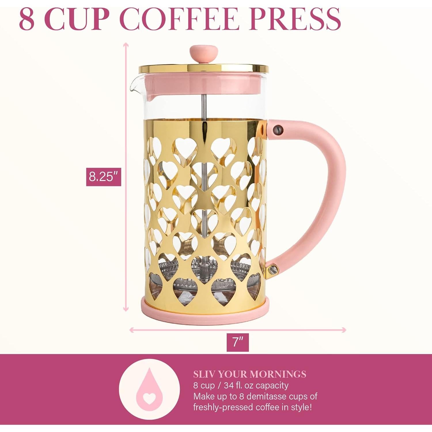 Cafetera Prensa Francesa Paris Hilton 8 Tazas Rosa y Dorada