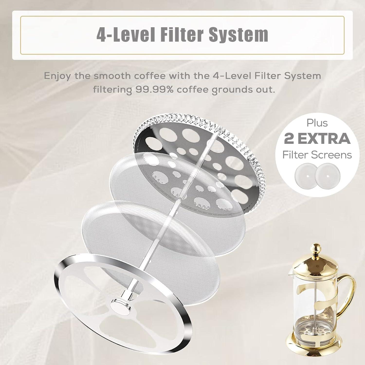 Prensa Francesa de Café DUJUST Dorada 1008ml con Filtro 4 Niveles