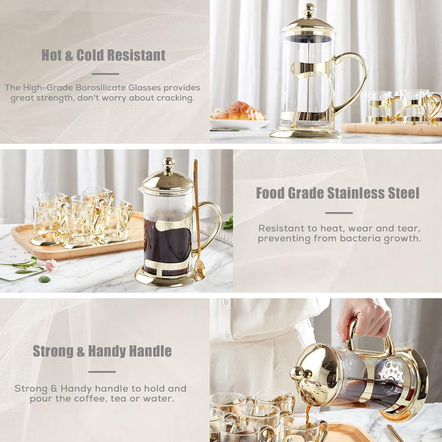 Prensa Francesa de Café DUJUST Dorada 1008ml con Filtro 4 Niveles