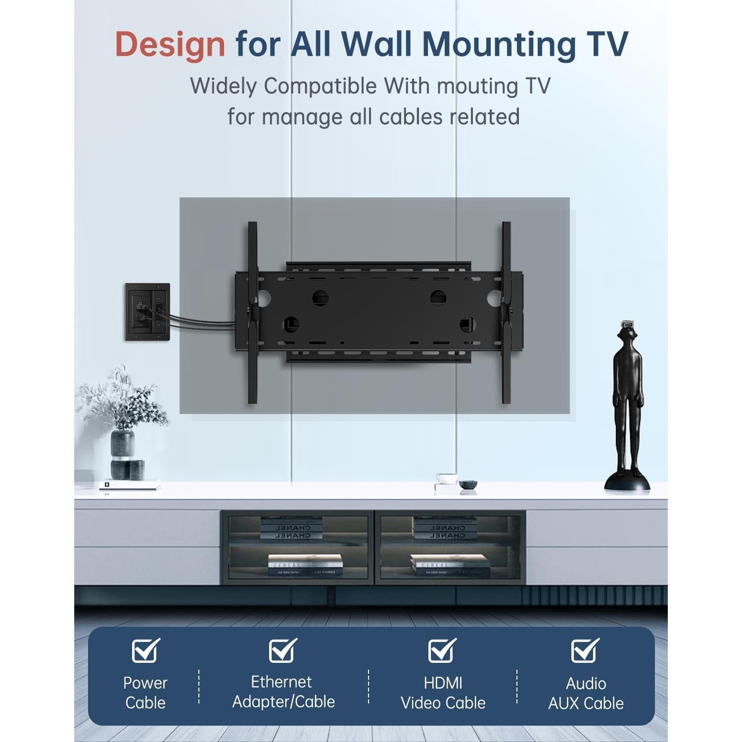Kit de Gestión de Cables en Pared ELECPOW - Enchufe Recesado Negro