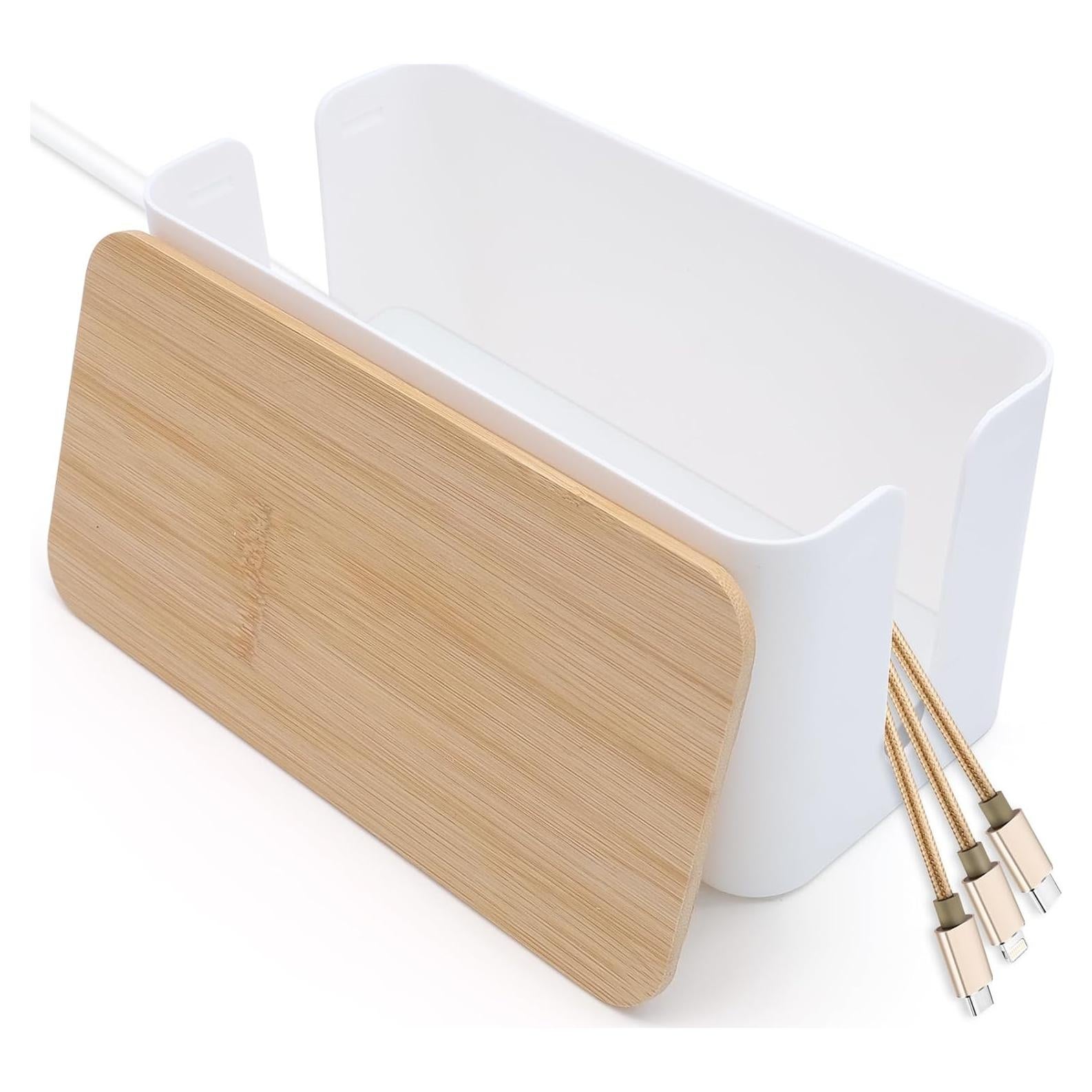 Caja organizadora de cables blanca con tapa de bambú 23.6x11.5 cm