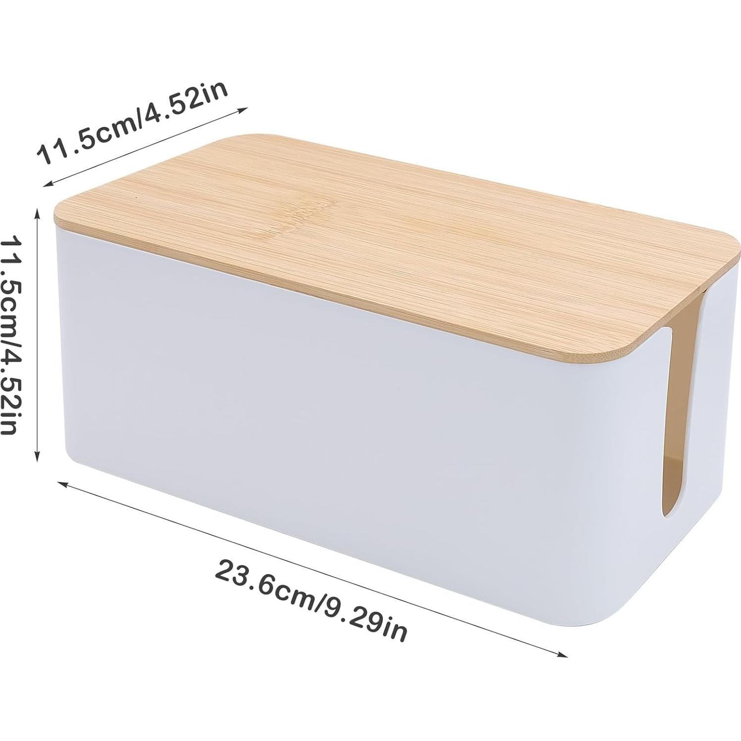 Caja organizadora de cables blanca con tapa de bambú 23.6x11.5 cm