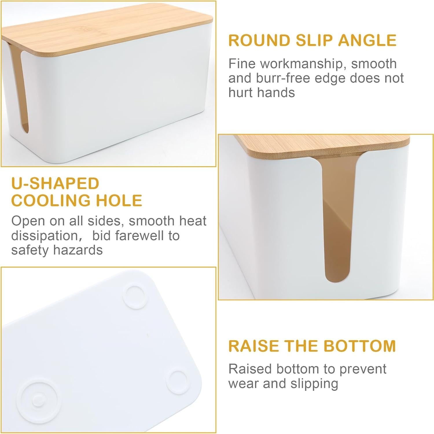 Caja organizadora de cables blanca con tapa de bambú 23.6x11.5 cm