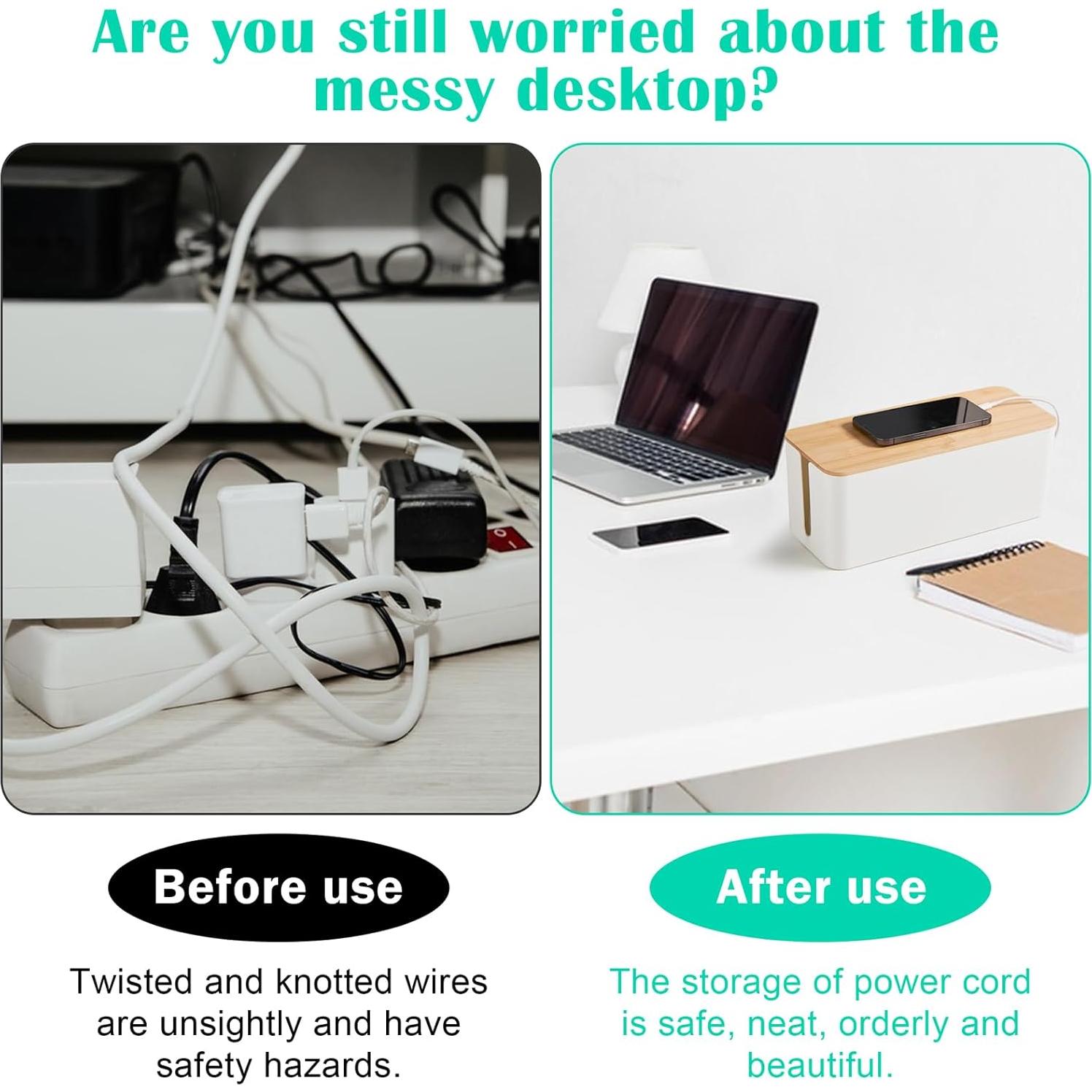 Caja organizadora de cables blanca con tapa de bambú 23.6x11.5 cm