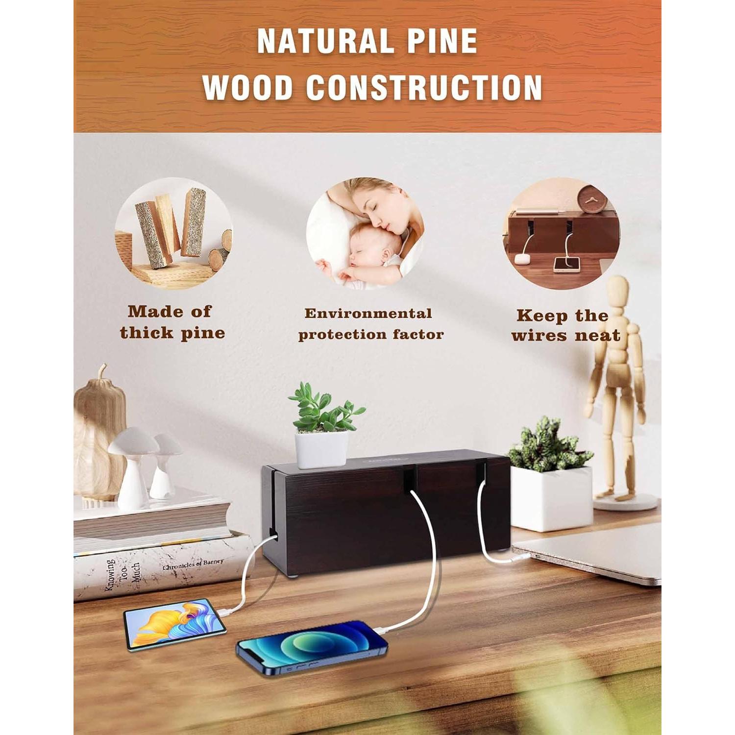 Caja Organizadora de Cables Erwuldor Grande Madera Natural 36.1x14x16cm