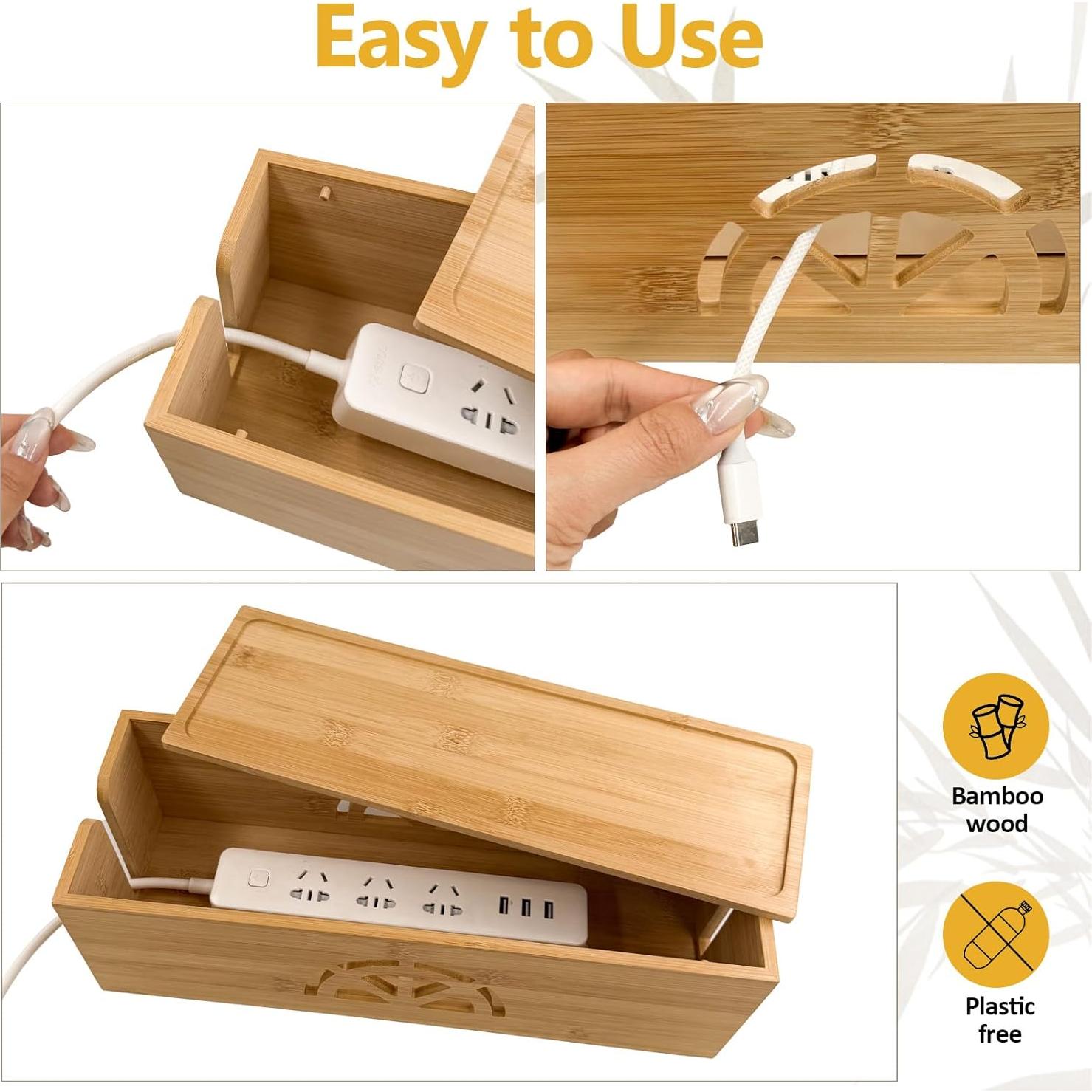 Caja de Gestión de Cables de Bambú Binaural Extra Grande 34x16x13cm