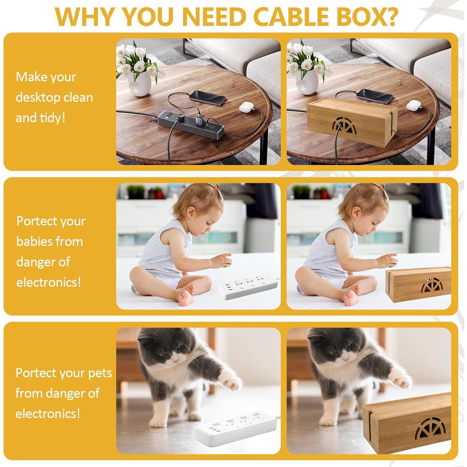 Caja de Gestión de Cables de Bambú Binaural Extra Grande 34x16x13cm