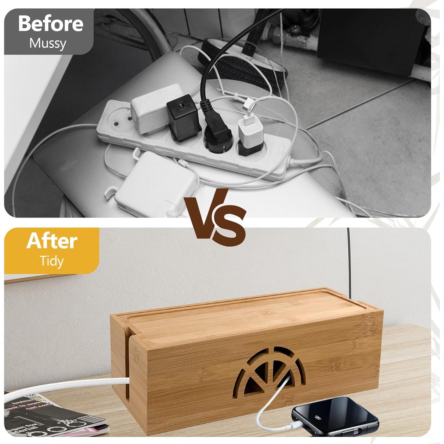 Caja de Gestión de Cables de Bambú Binaural Extra Grande 34x16x13cm