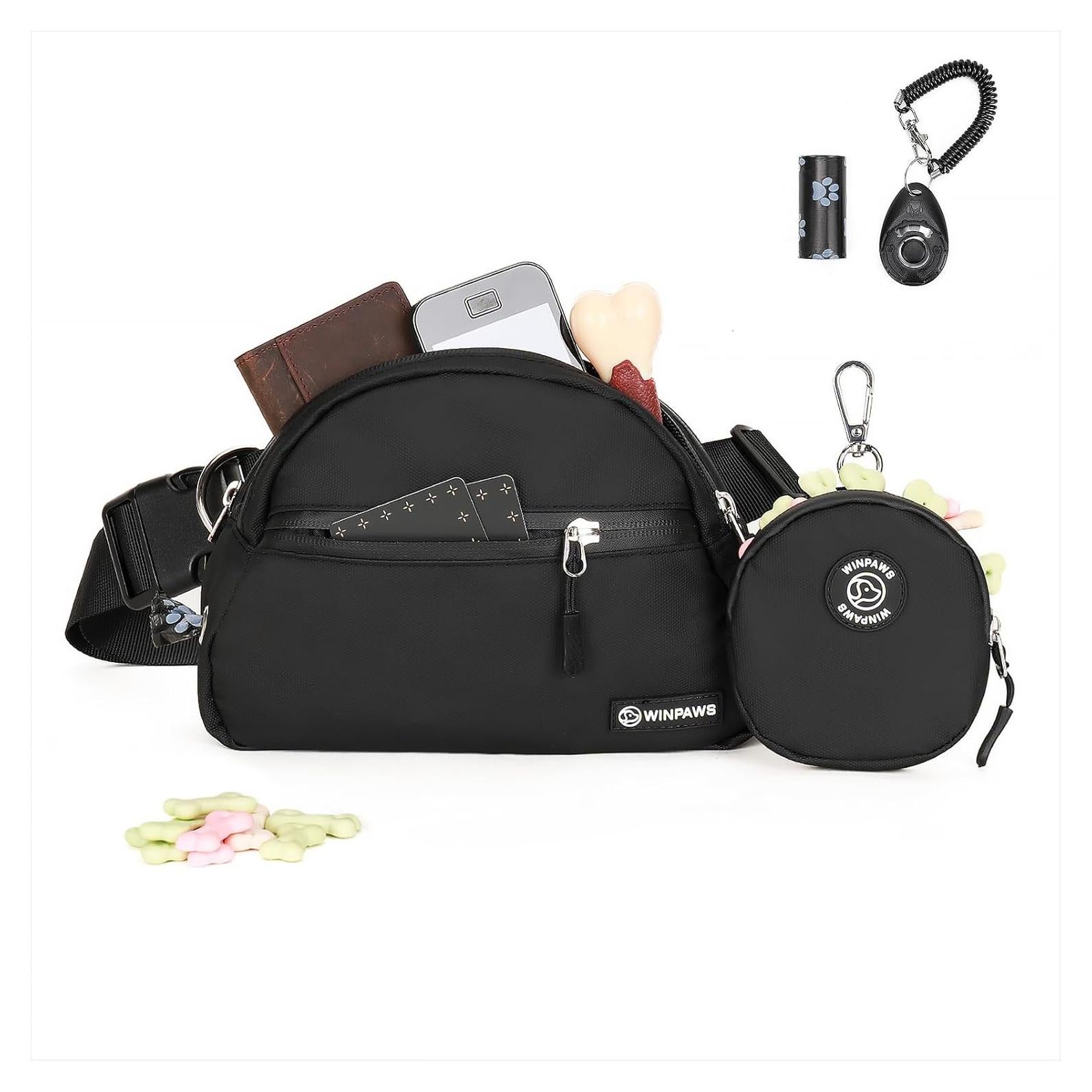 Bolsa de golosinas para perros Winpaws negra con clicker y soporte