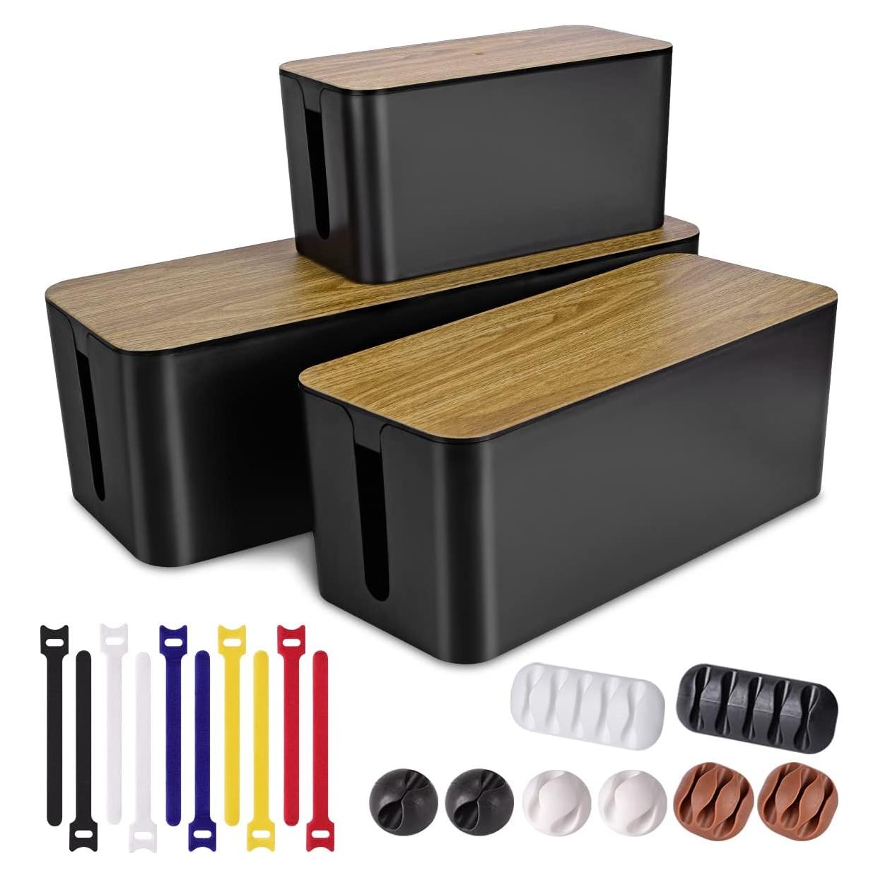 Set de 3 Cajas Organizadoras de Cables Tuwechen - Negro Madera