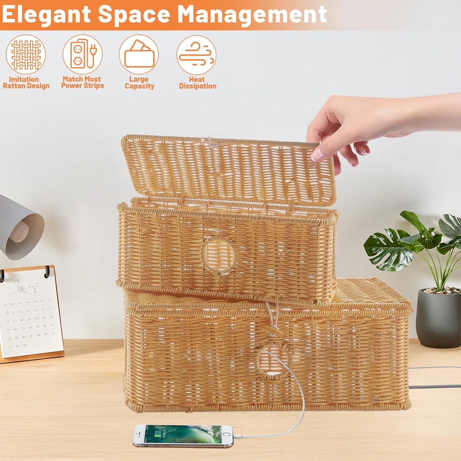 Caja Organizadora de Cables IHKFILAN 2 Pcs Ratan Grande y Mediano