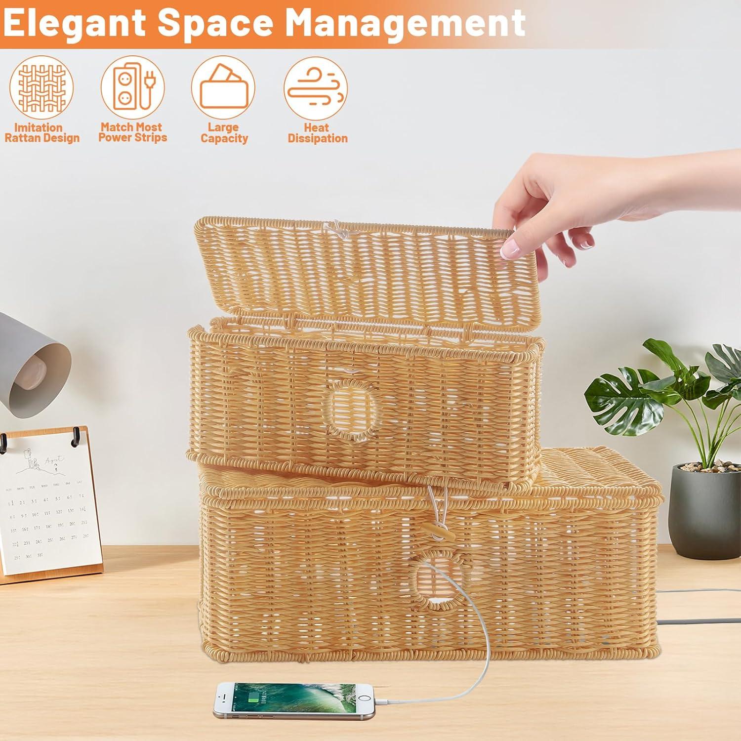 Caja Organizadora de Cables IHKFILAN 2 Pcs Ratan Grande y Mediano