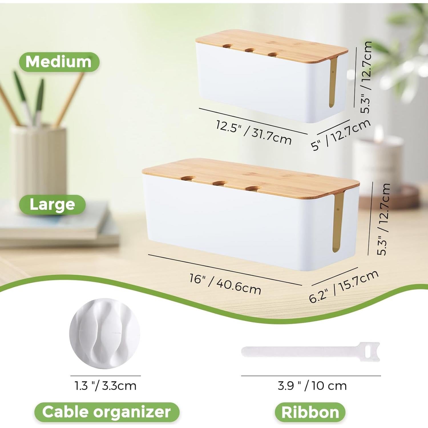Caja Organizadora de Cables S310 de Bambú 2 Paquete 40.6x15.7x13.5cm
