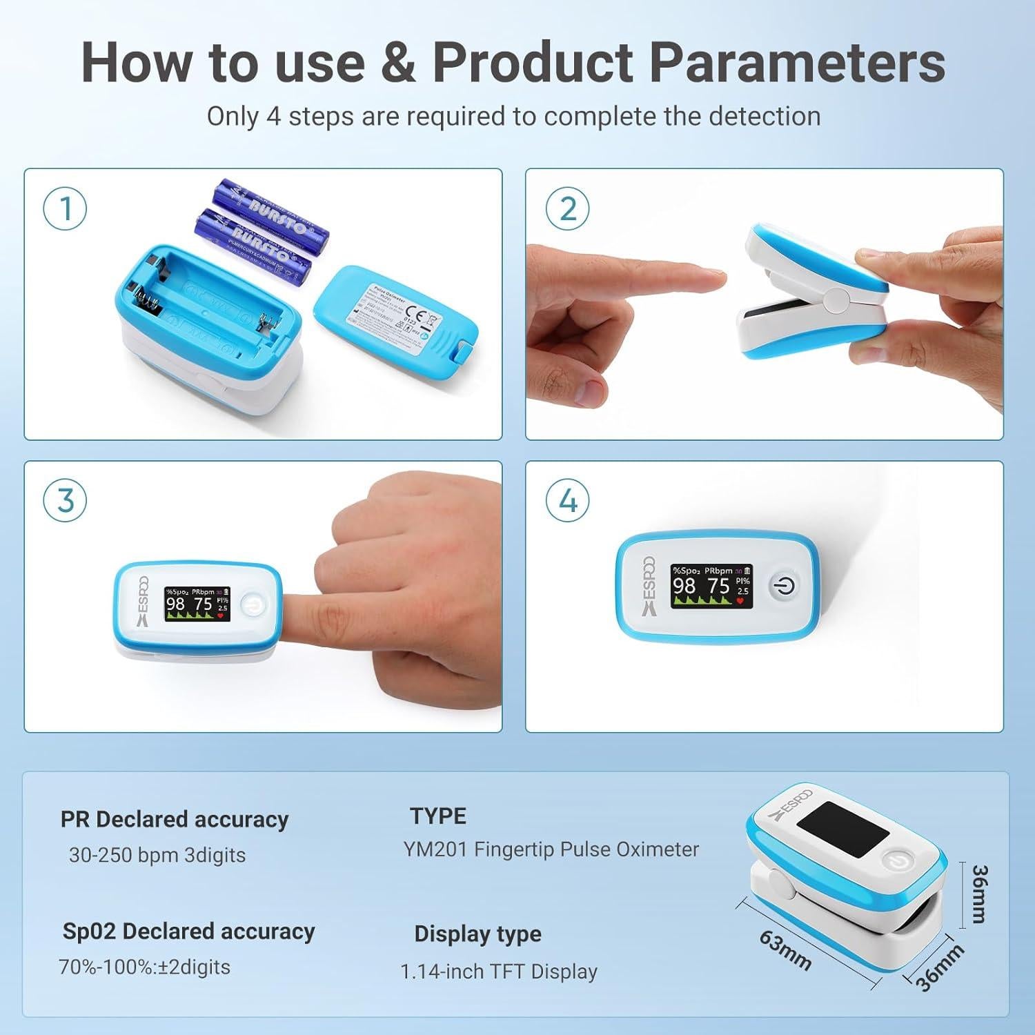 Oxímetro de Pulso ESPOO YM201 con 20 Memorias y Pantalla TFT
