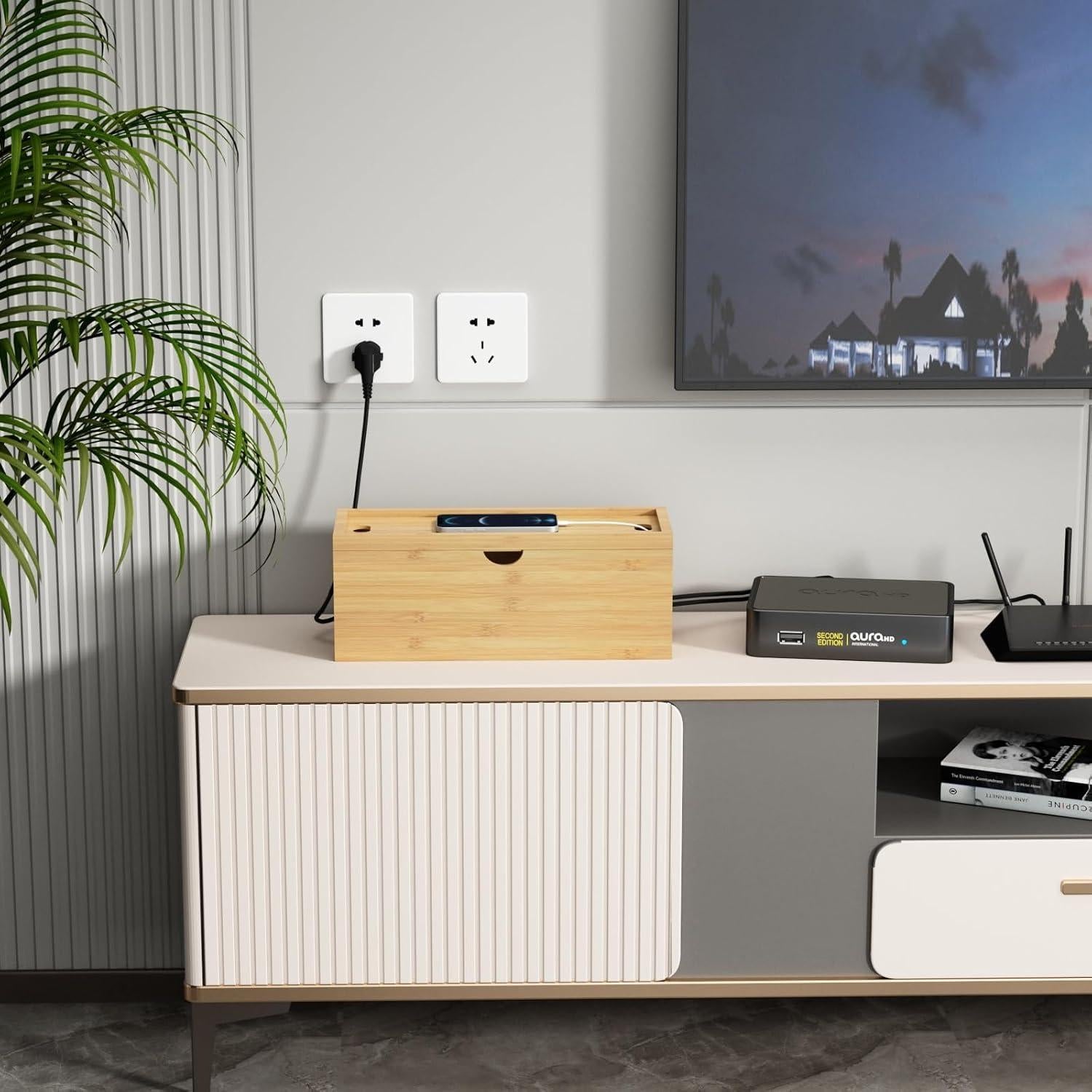 Caja Organizadora de Cables de Bambú HoVoit Mediana 33x13x14cm