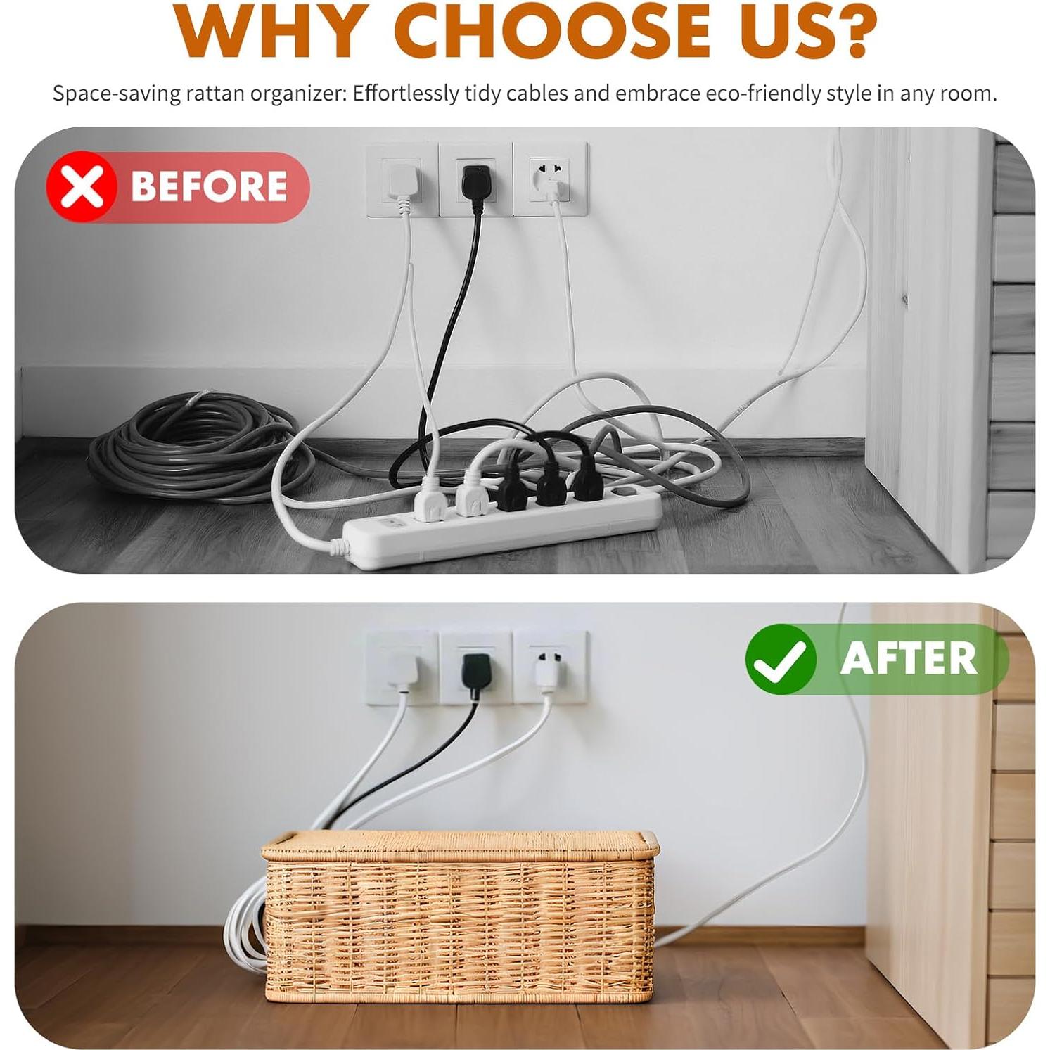 Caja Organizadora de Cables ShellKingdom Rattan Tejida 31.5x13x14cm