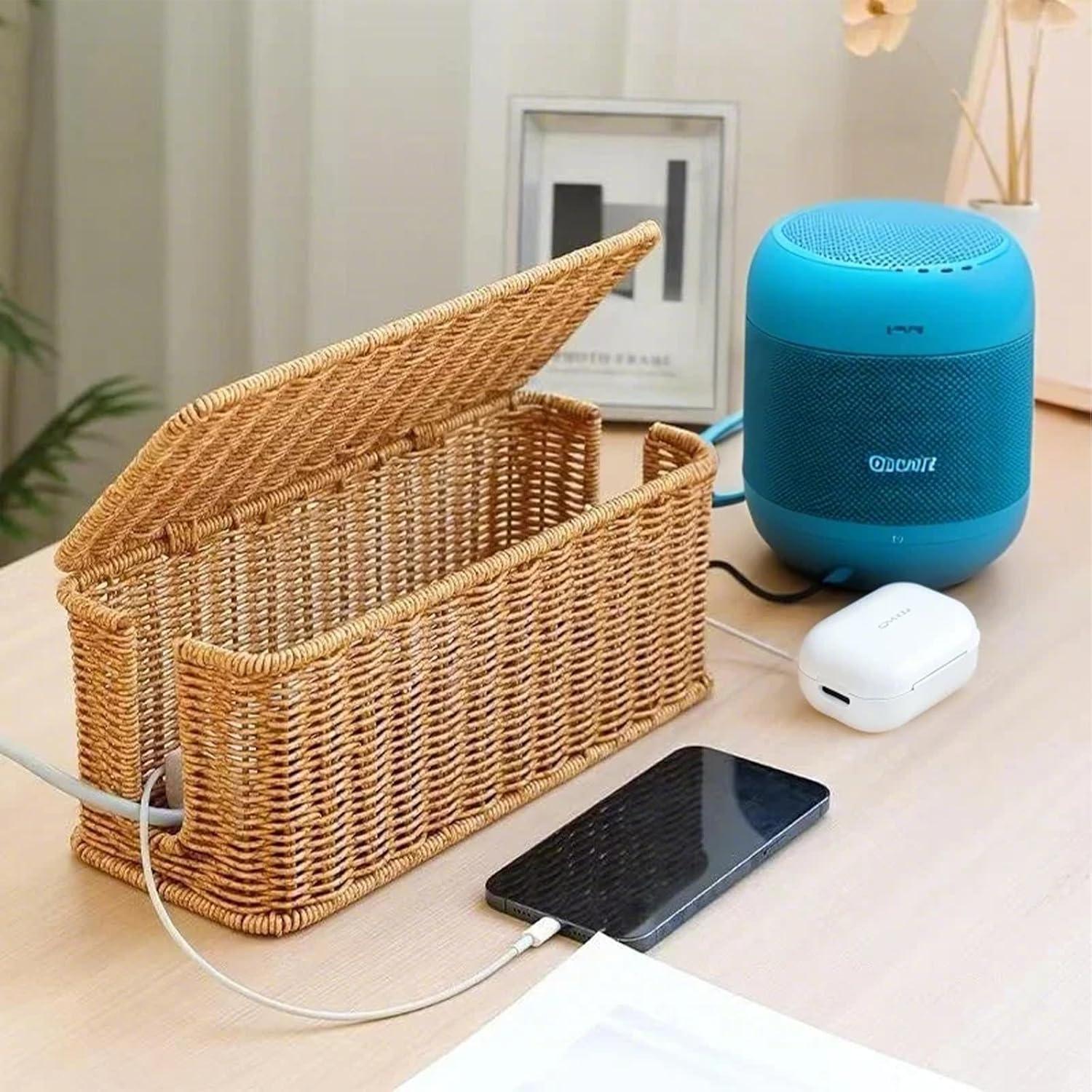 Caja Organizadora de Cables ShellKingdom Rattan Tejida 31.5x13x14cm