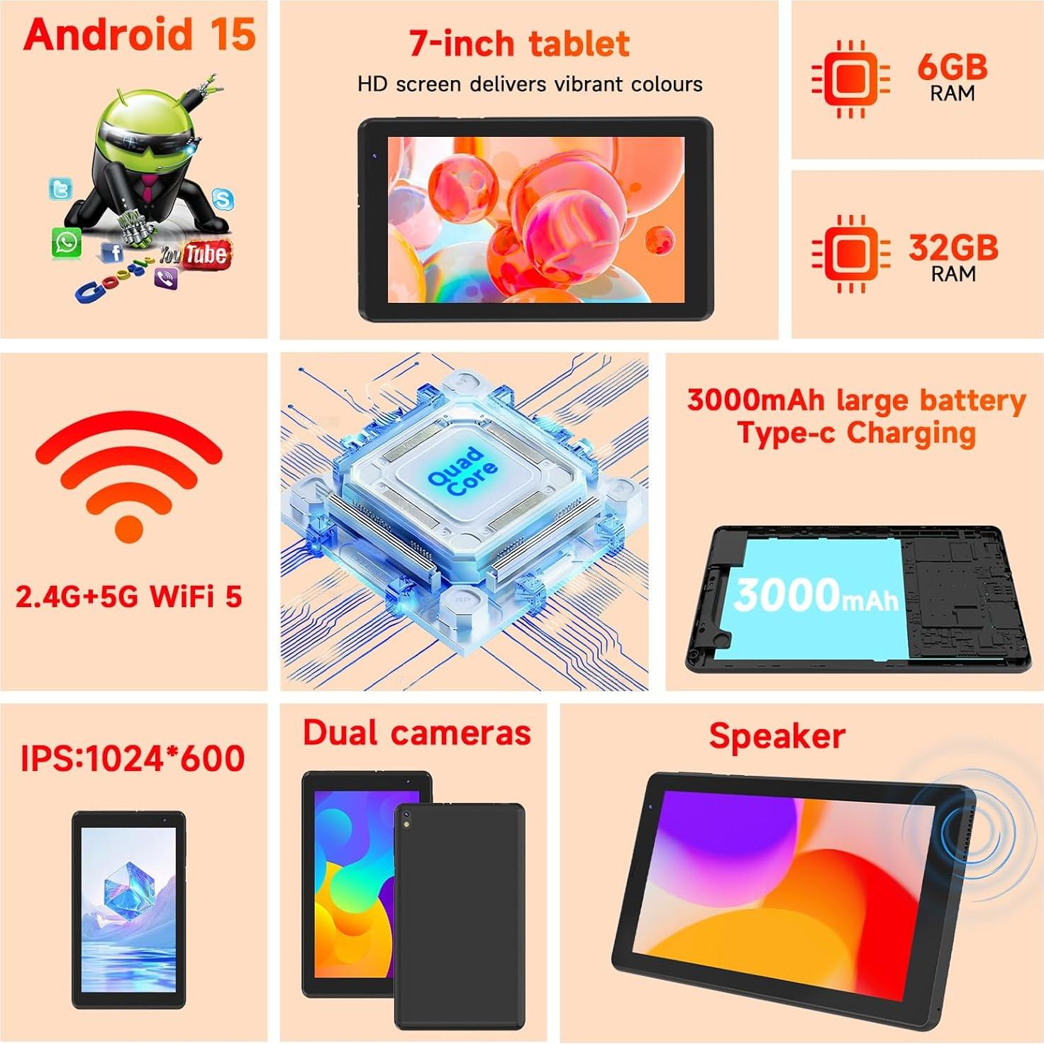 Tableta Android 15.0 BYANDBY 7" 6GB+32GB Expandible 1TB