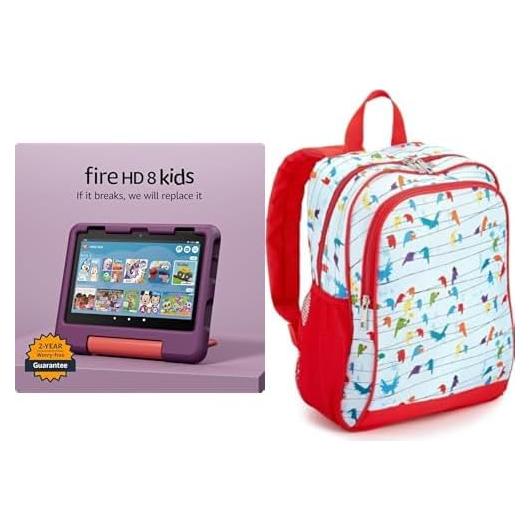 Amazon Fire HD 8 Kids tablet, ages 3-7 (32 GB, Grape) + Backpack Bundle