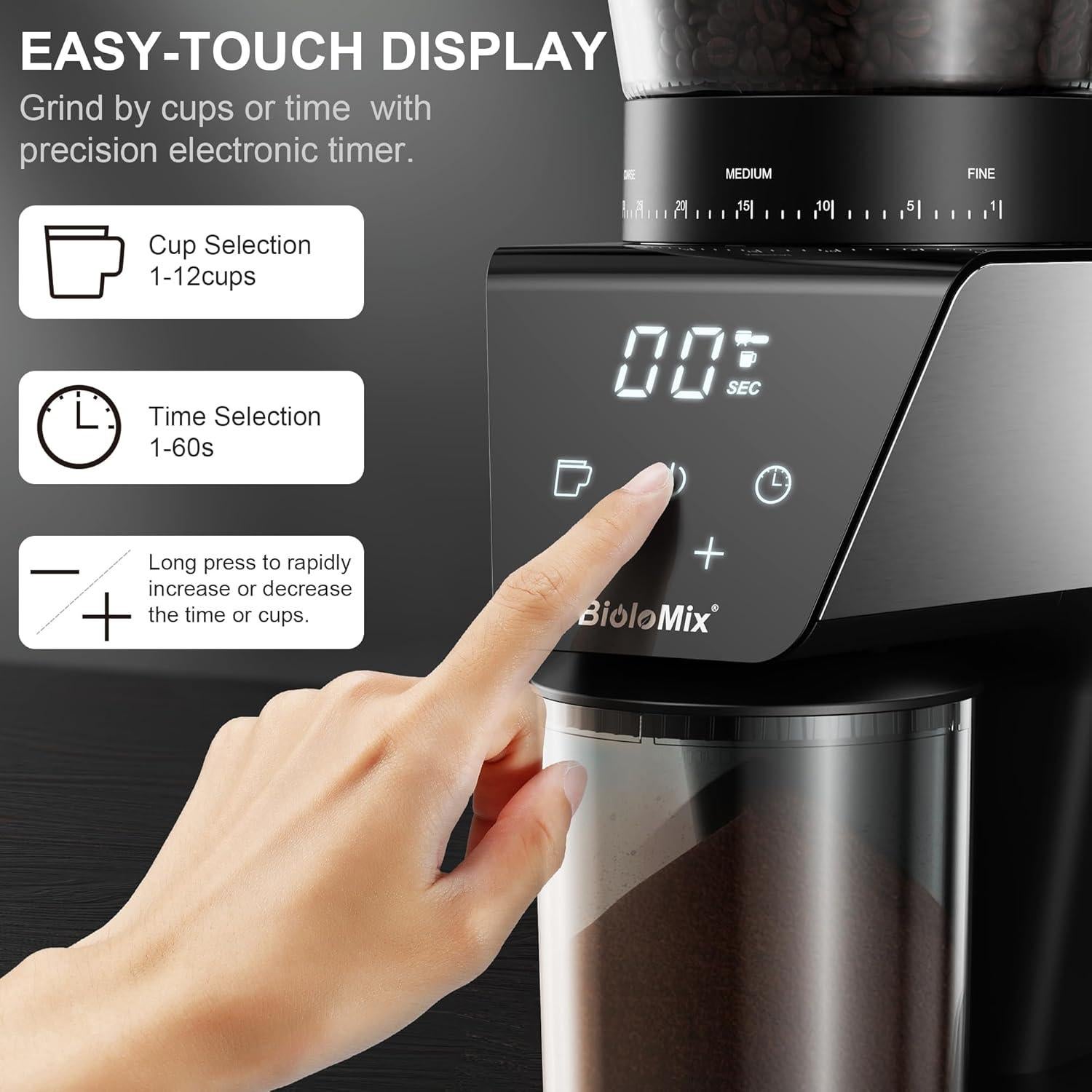 Molinillo de Café Eléctrico Biolomix BG706, 30 Ajustes, Pantalla LCD