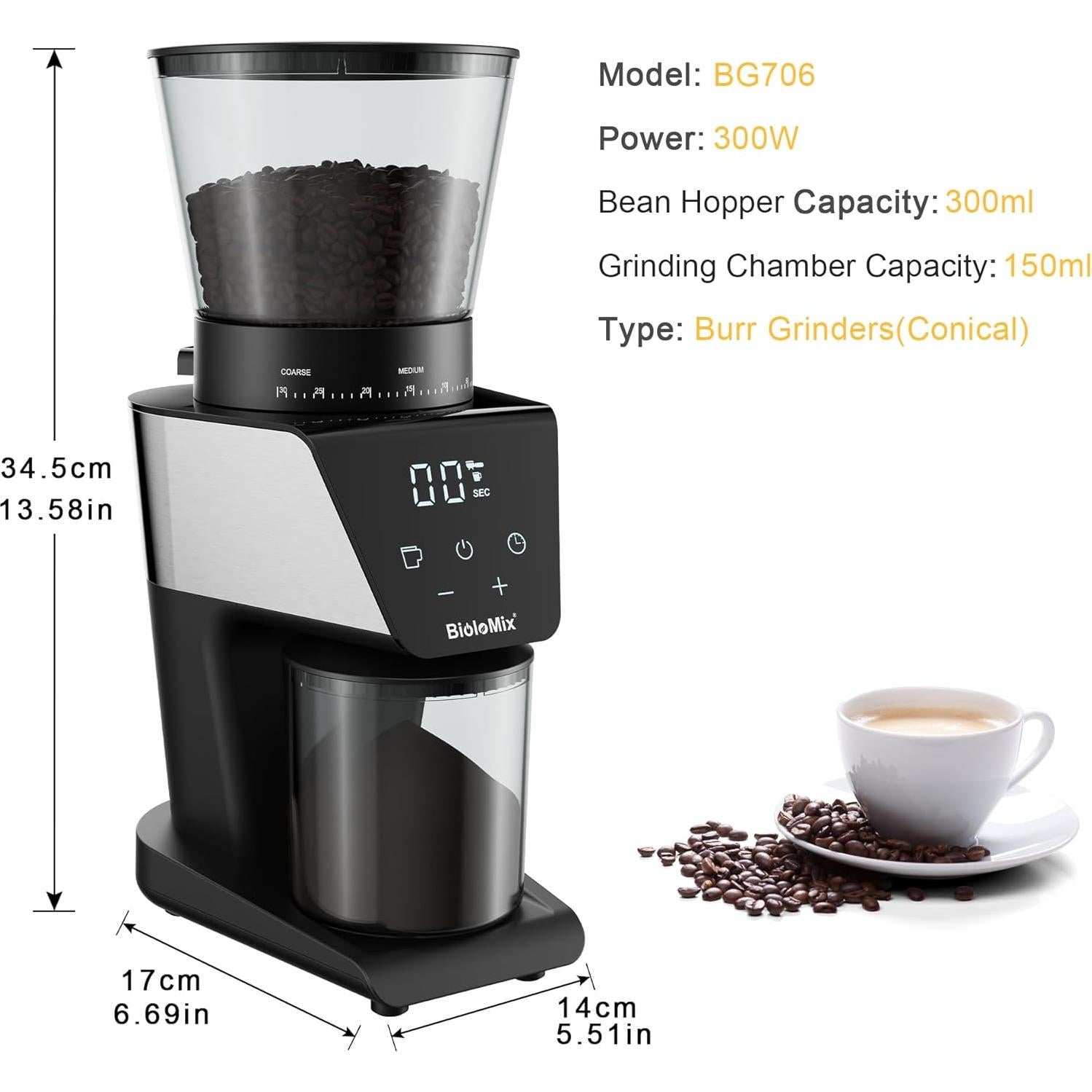 Molinillo de Café Eléctrico Biolomix BG706, 30 Ajustes, Pantalla LCD