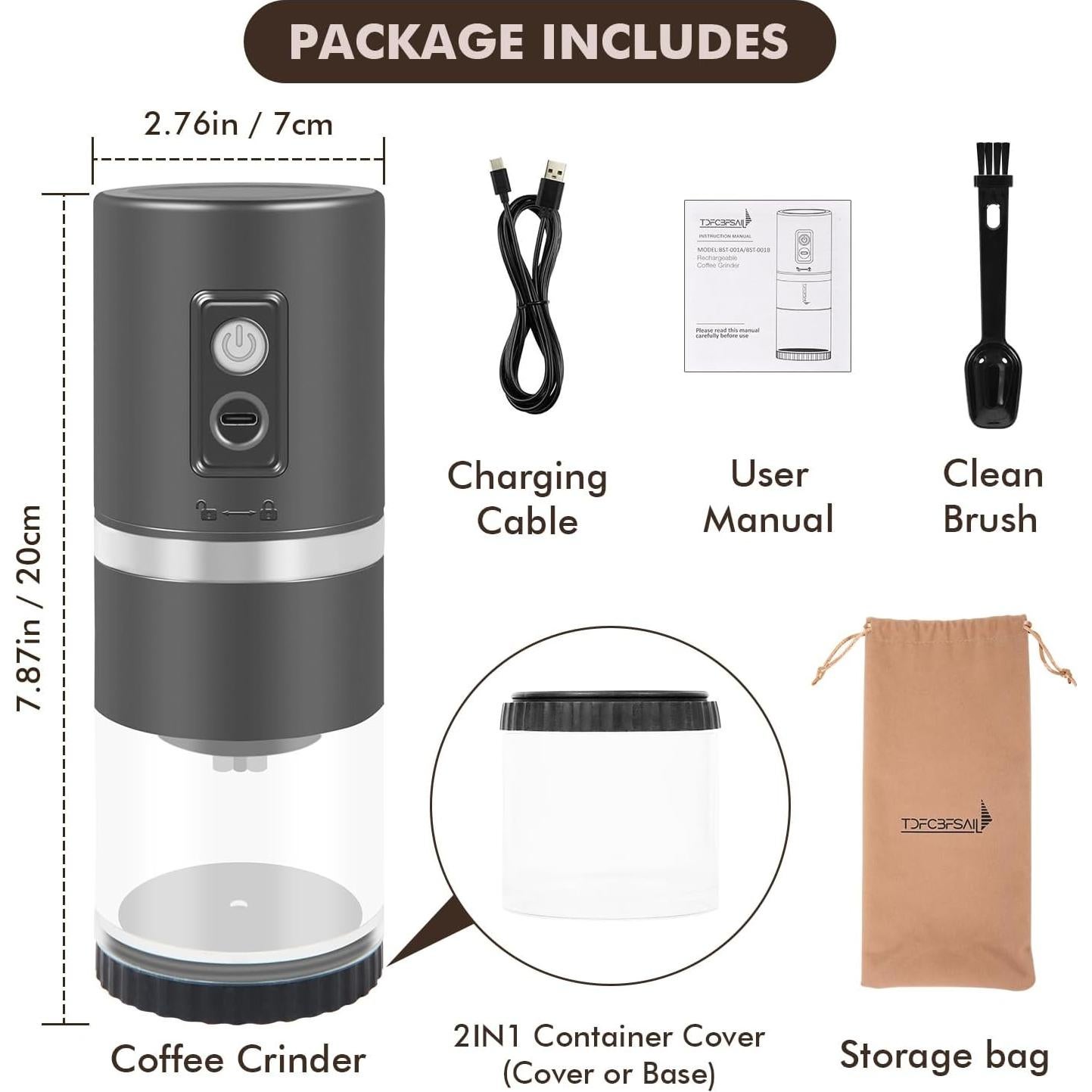 Molino de Café Eléctrico TDFCBFSAIL Portátil Titanio 45 Niveles