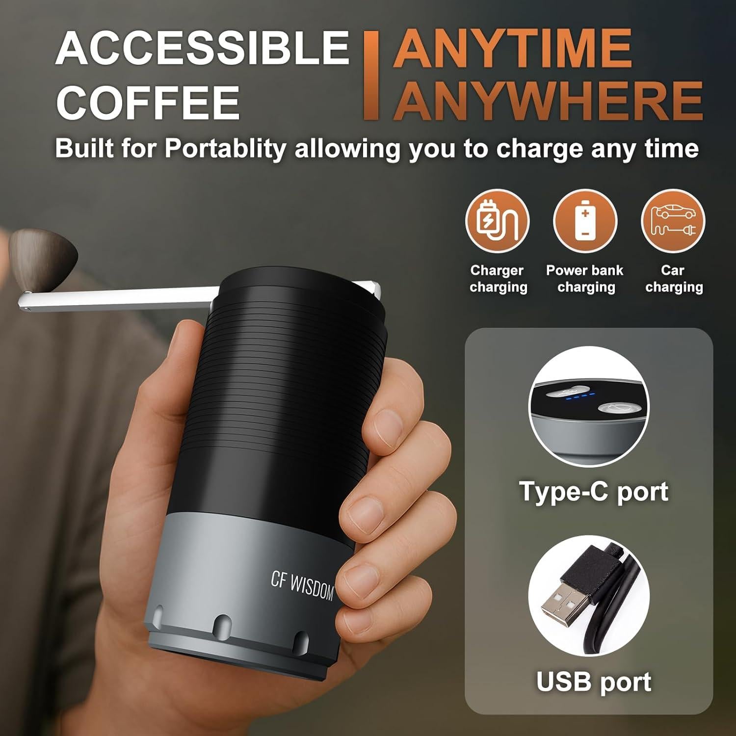 Molino de café eléctrico portátil CF WISDOM 800mAh ajustable