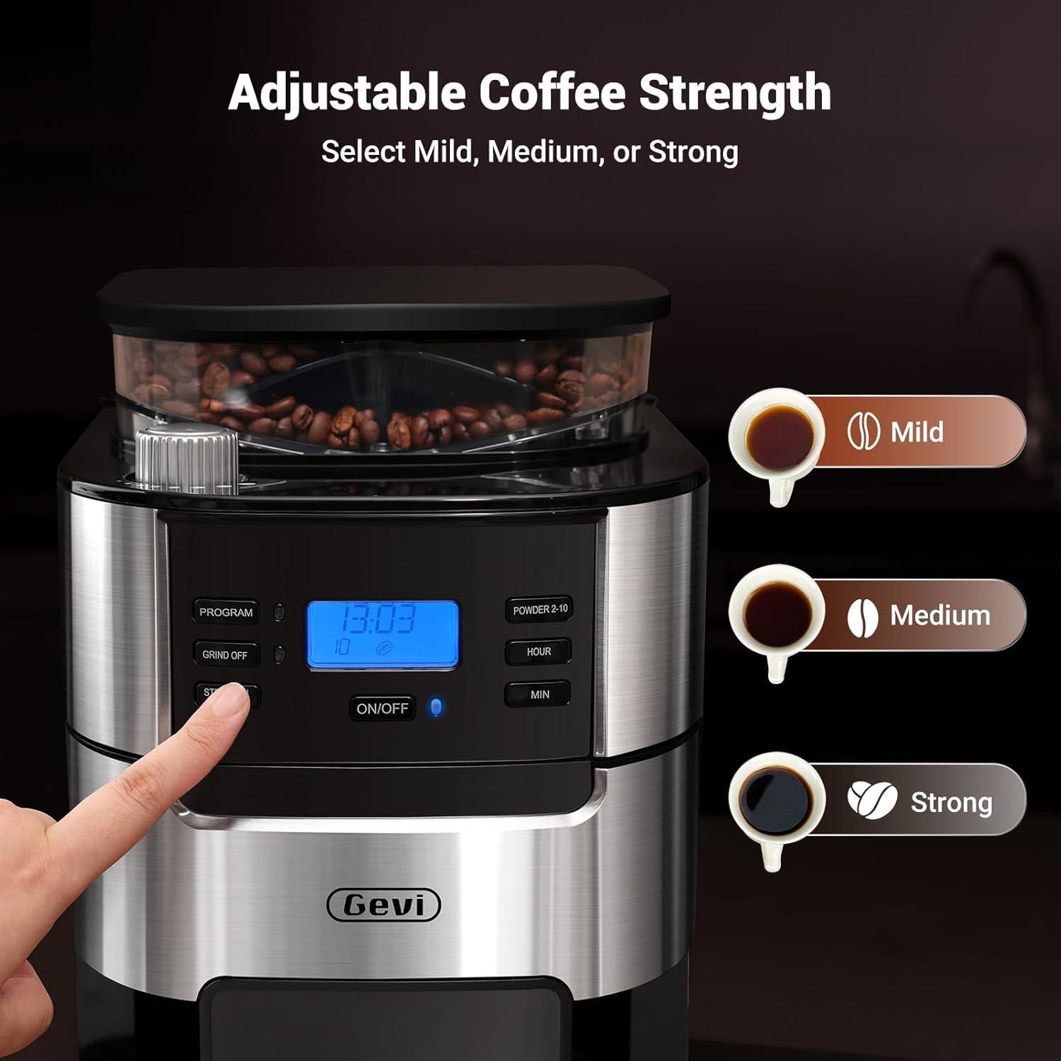 Cafetera de Goteo Gevi 10 Tazas con Molinillo y Temporizador